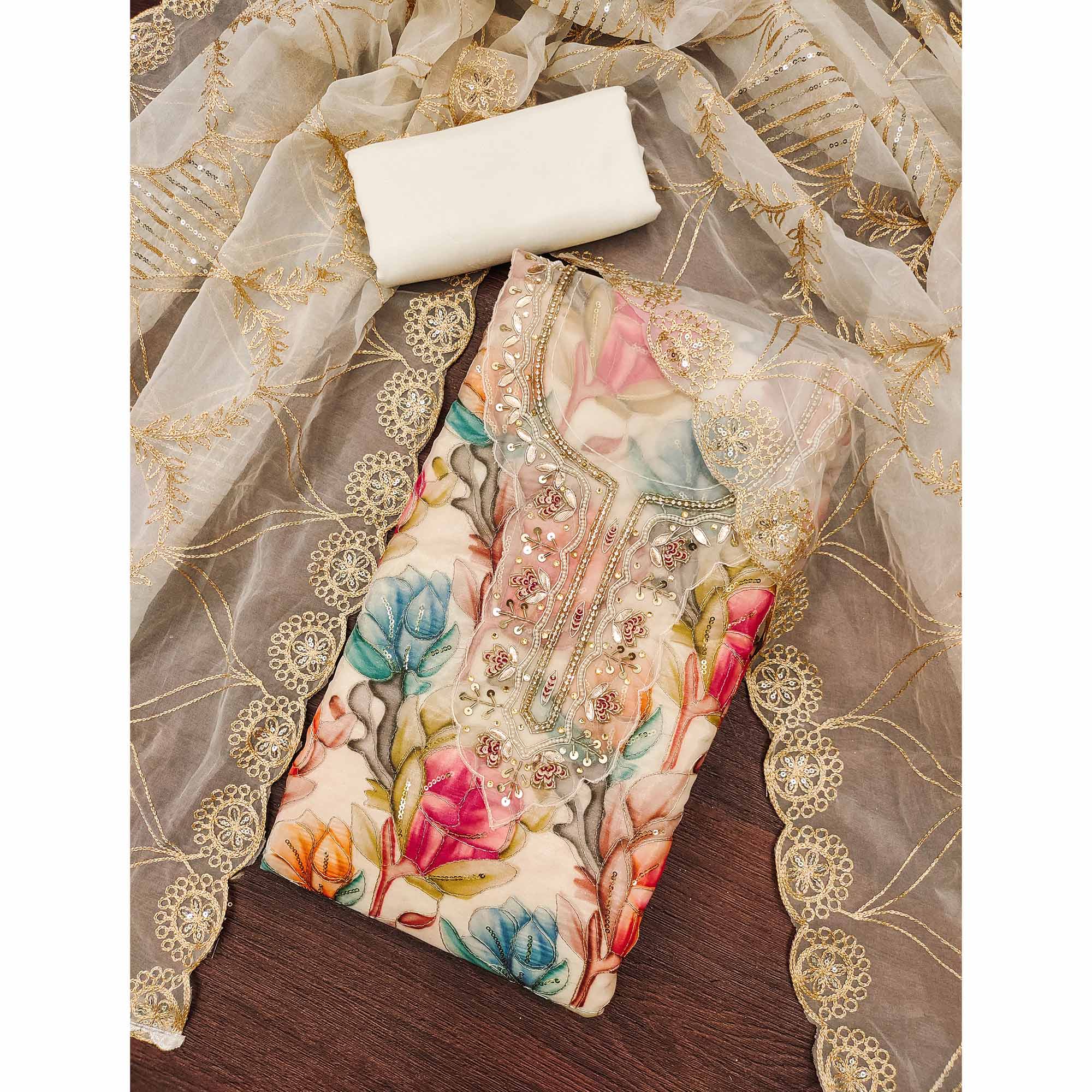 Offwhite Bloom Charm With Floral Print & Delicate Sequins & Moti Handwork Dress Material - Image 3