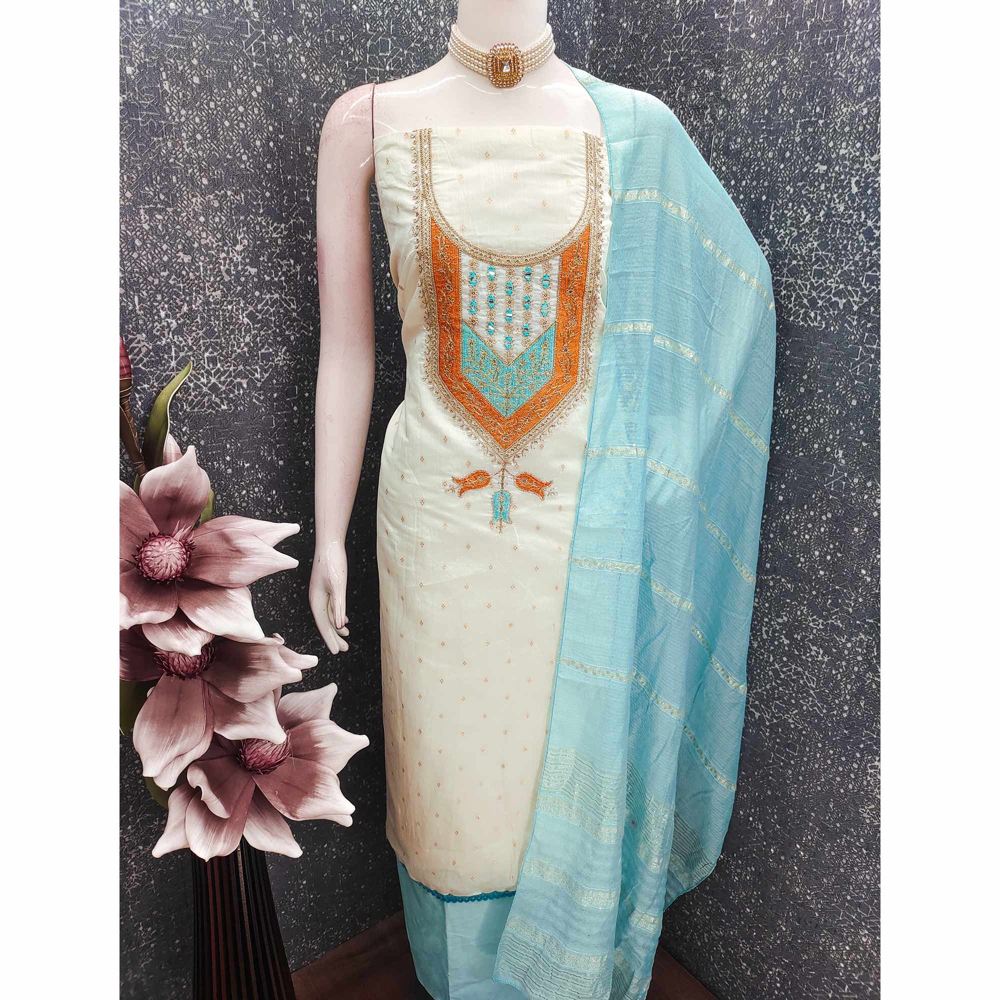 OffWhite & Blue Floral Cording & Sequins Embroidered With Butti Chanderi Silk Dress Material - Image 4