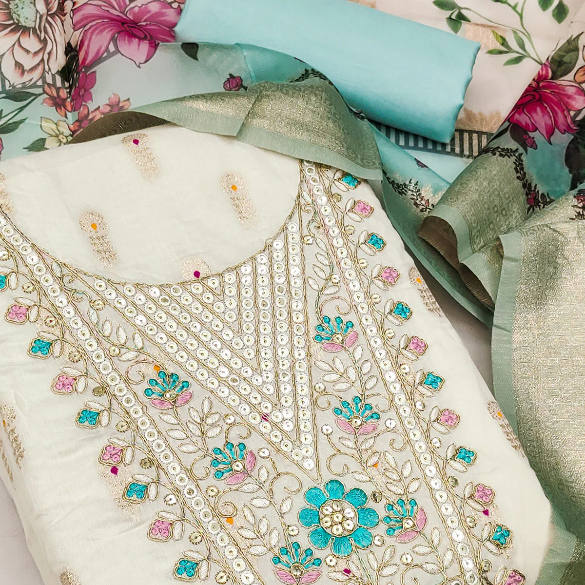 Offwhite & Blue Floral Woven With Sequins Cording Embroidery Meenakari Jacquard Dress Material - Image 2