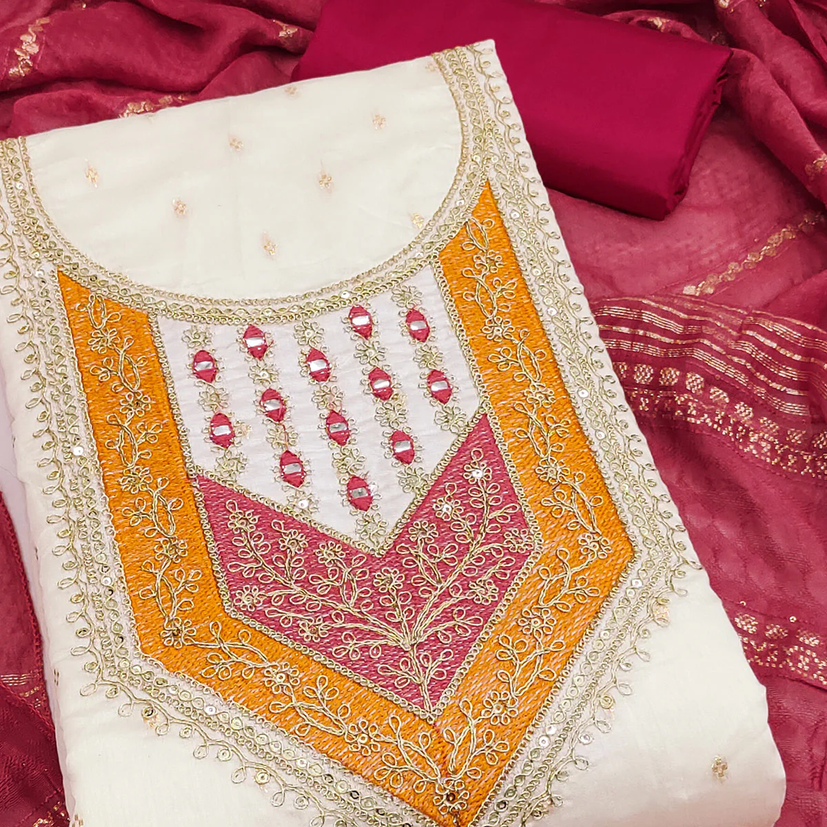 OffWhite & Cherry Red Floral Cording & Sequins Embroidered With Butti Chanderi Silk Dress Material - Image 2