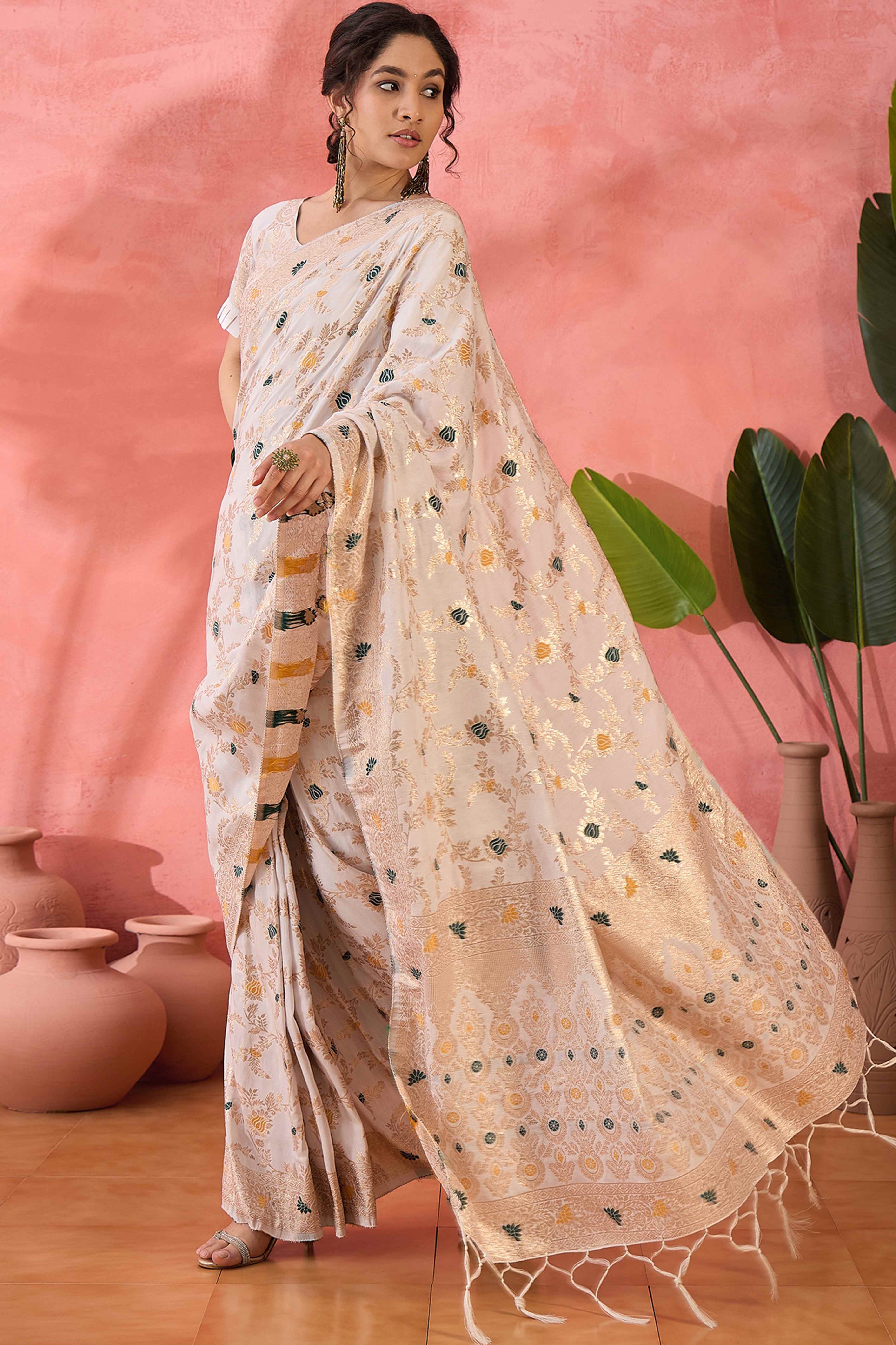 Offwhite Cotton Meena Jacquard Saree Featuring Intricate Floral Weaving & Tassels On The Pallu - Image 3