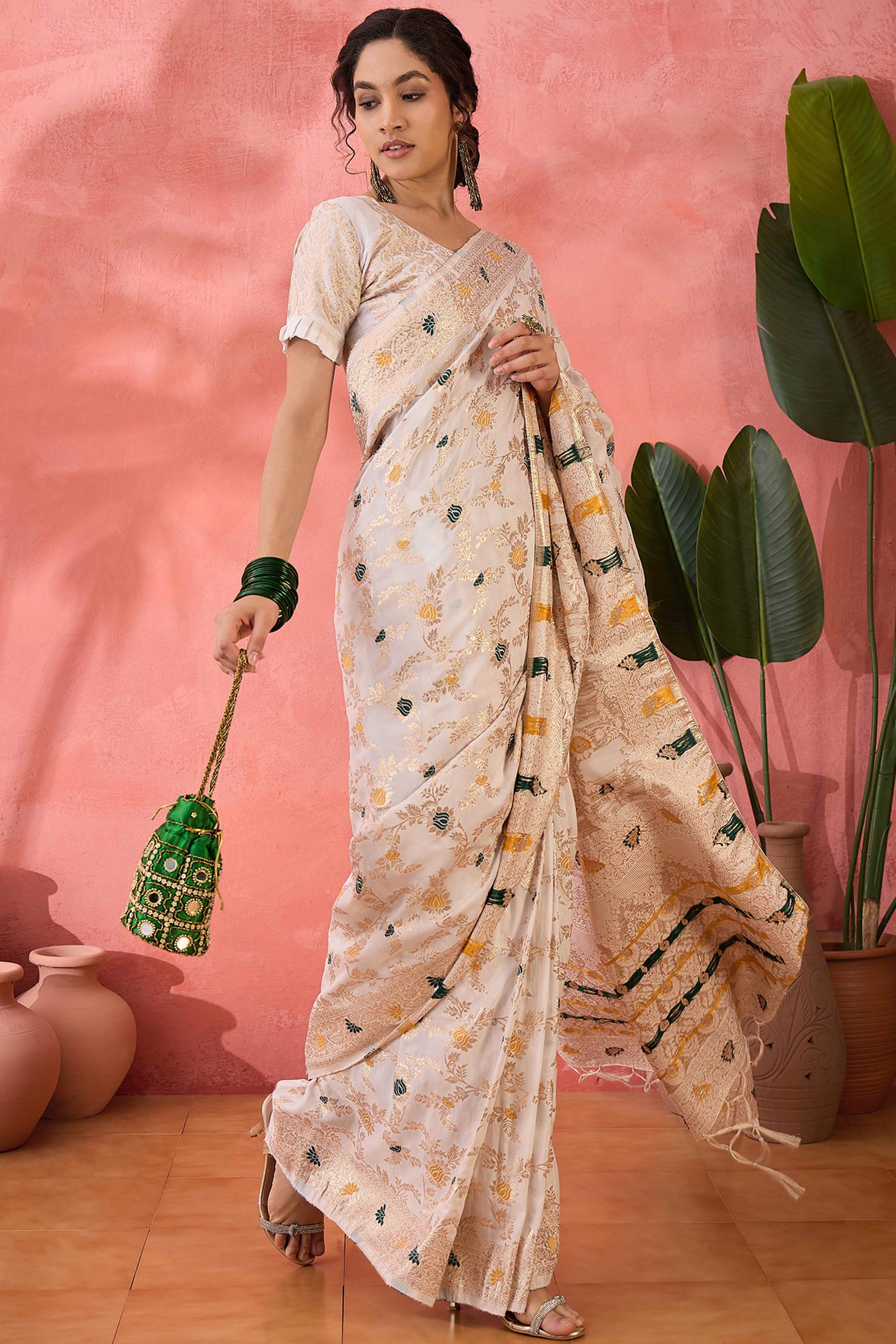 Offwhite Cotton Meena Jacquard Saree Featuring Intricate Floral Weaving & Tassels On The Pallu - Image 4