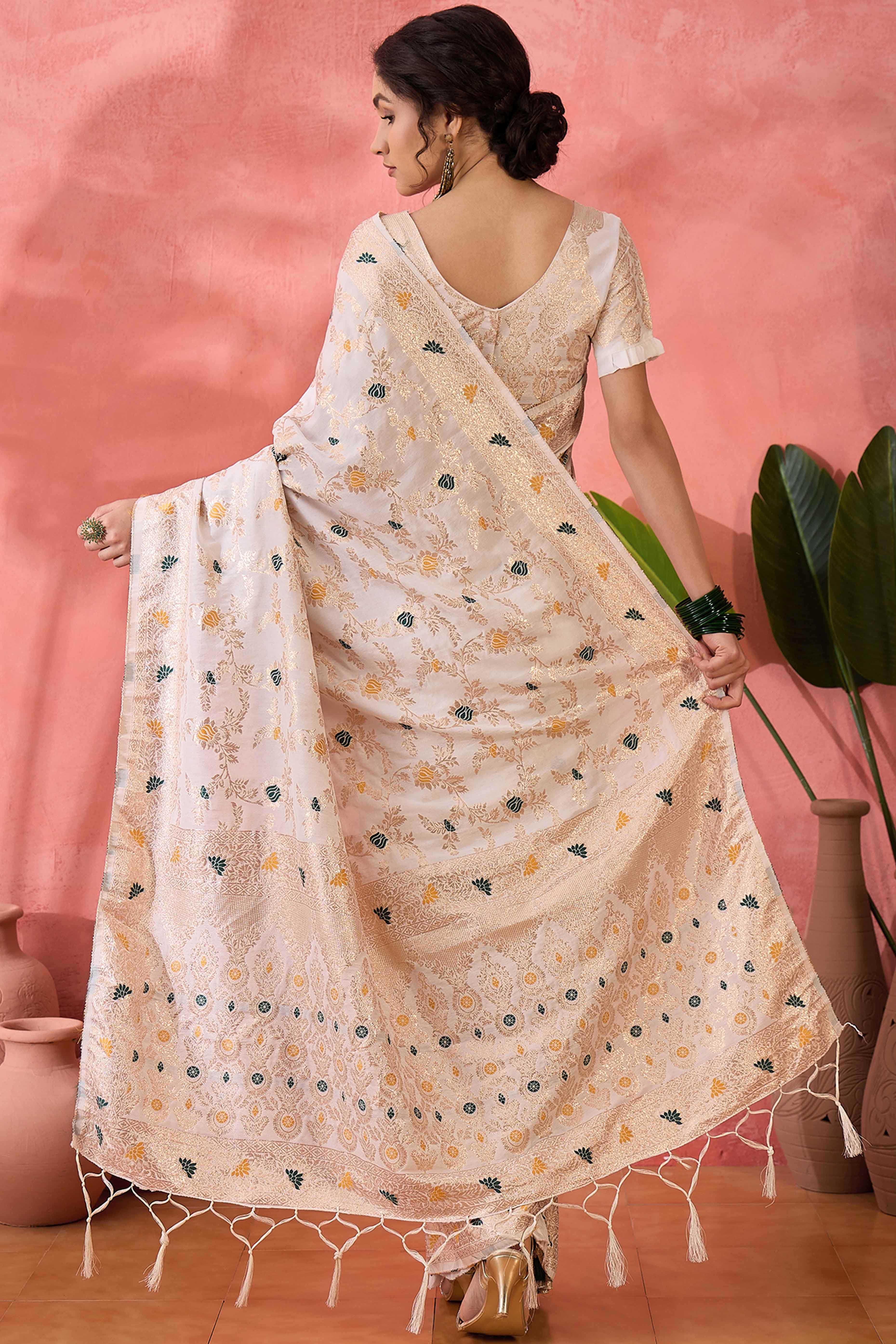 Offwhite Cotton Meena Jacquard Saree Featuring Intricate Floral Weaving & Tassels On The Pallu - Image 5