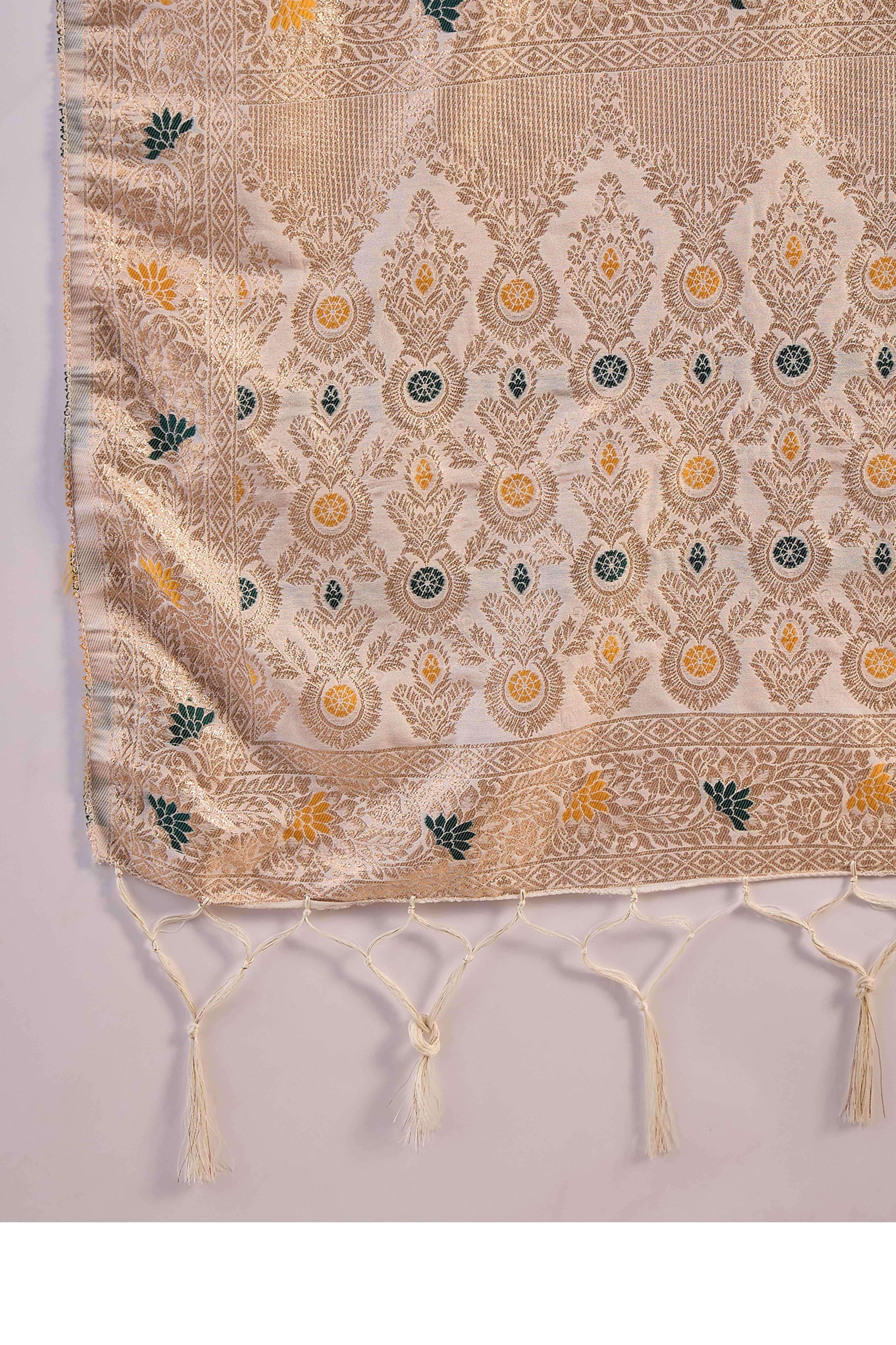 Offwhite Cotton Meena Jacquard Saree Featuring Intricate Floral Weaving & Tassels On The Pallu - Image 7