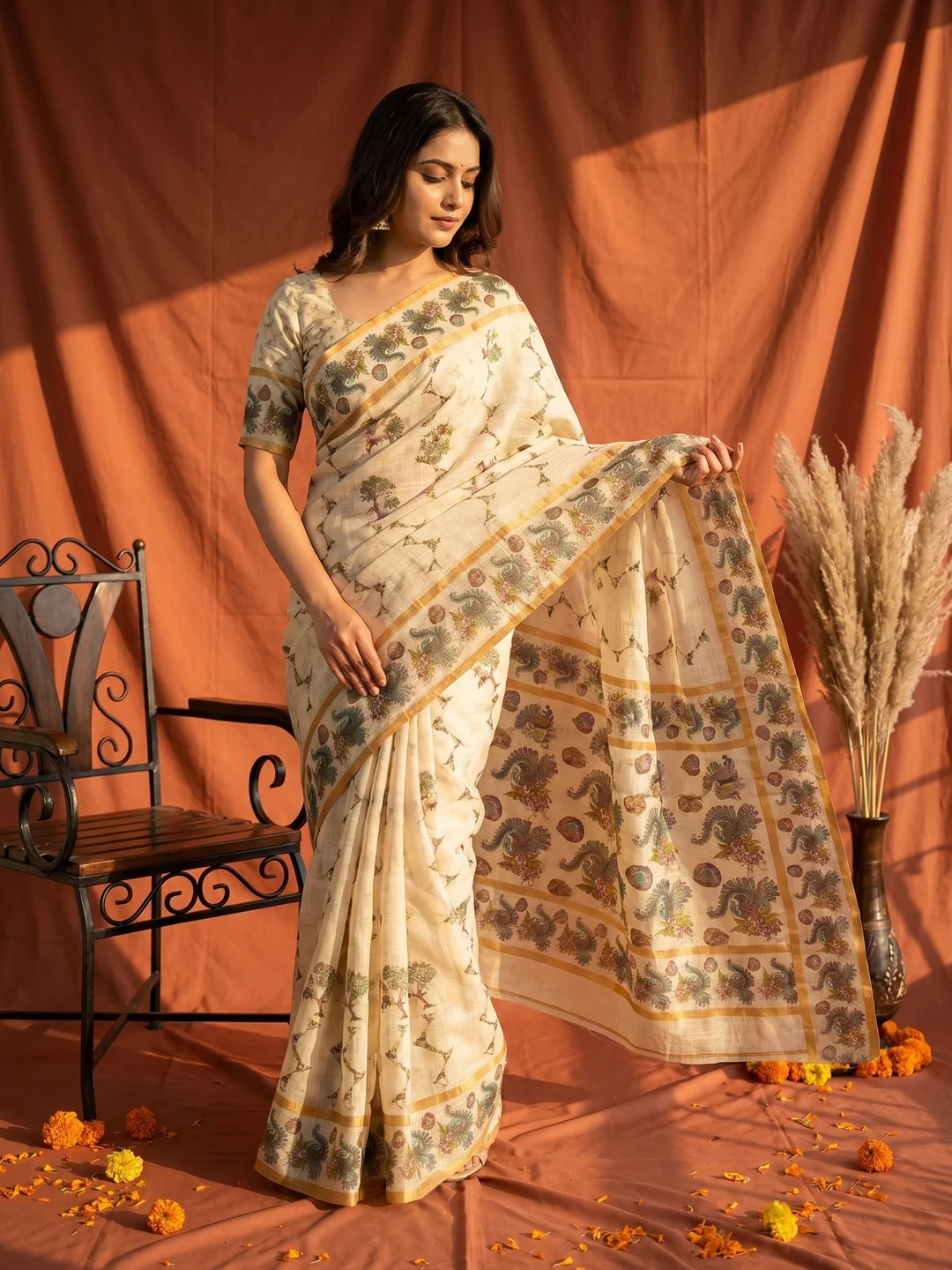 Offwhite Cotton Silk Digital Print Saree with Zari Border