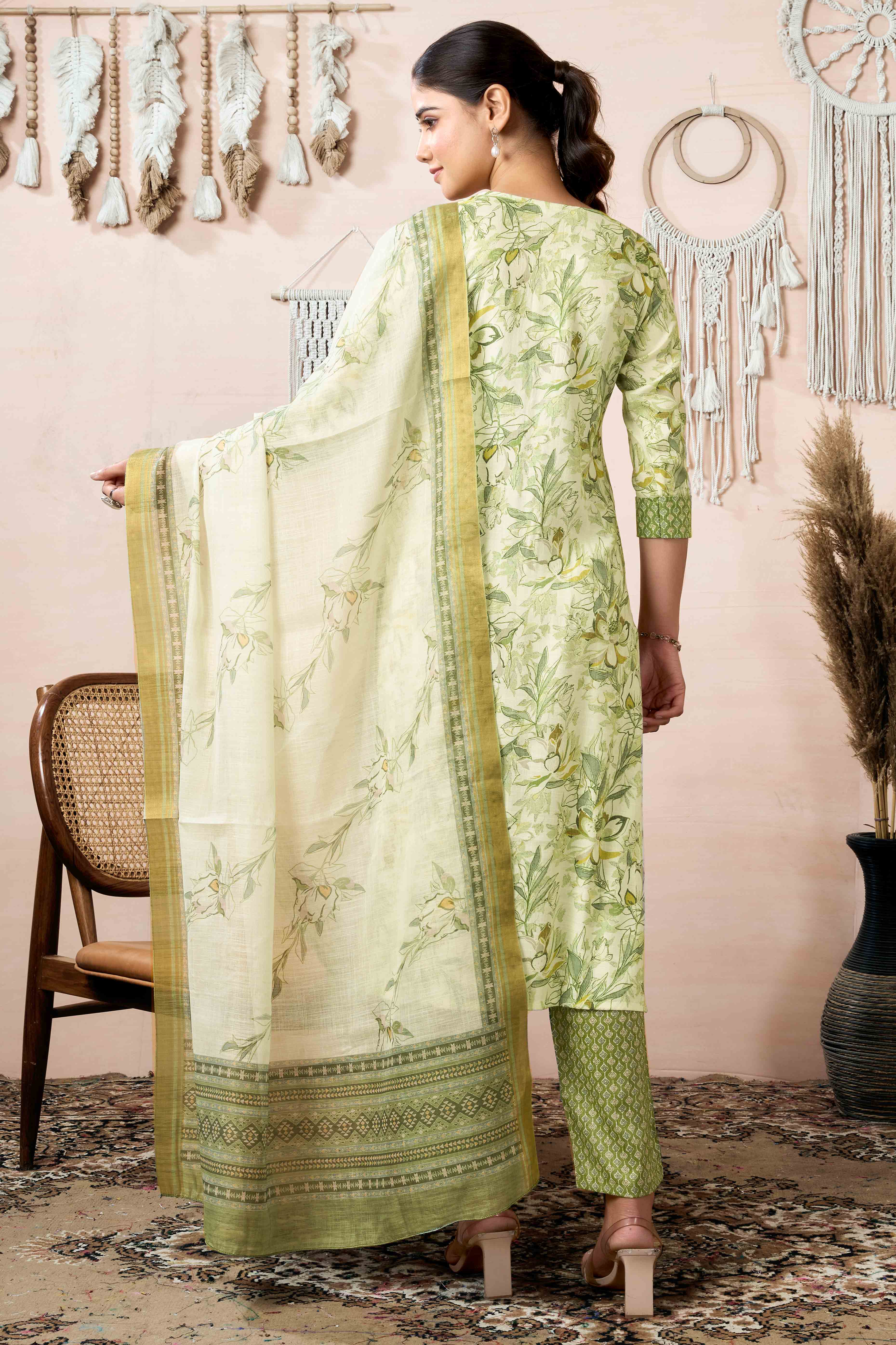 Off White Floral Foil Printed With Sequins Work Rayon Salwar Suit - Image 4
