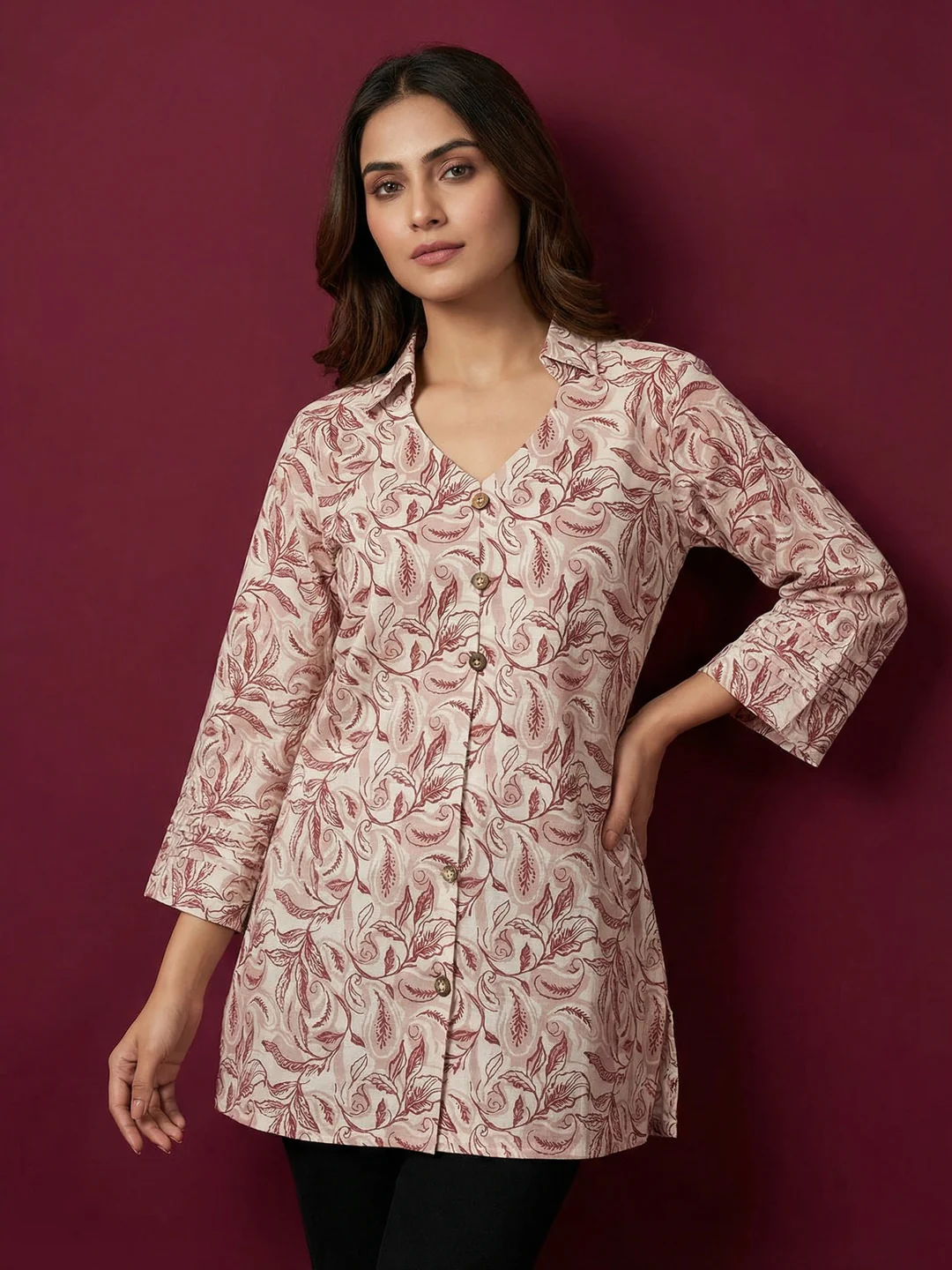 Offwhite Floral Printed Pure Cotton Top with Collar Neck