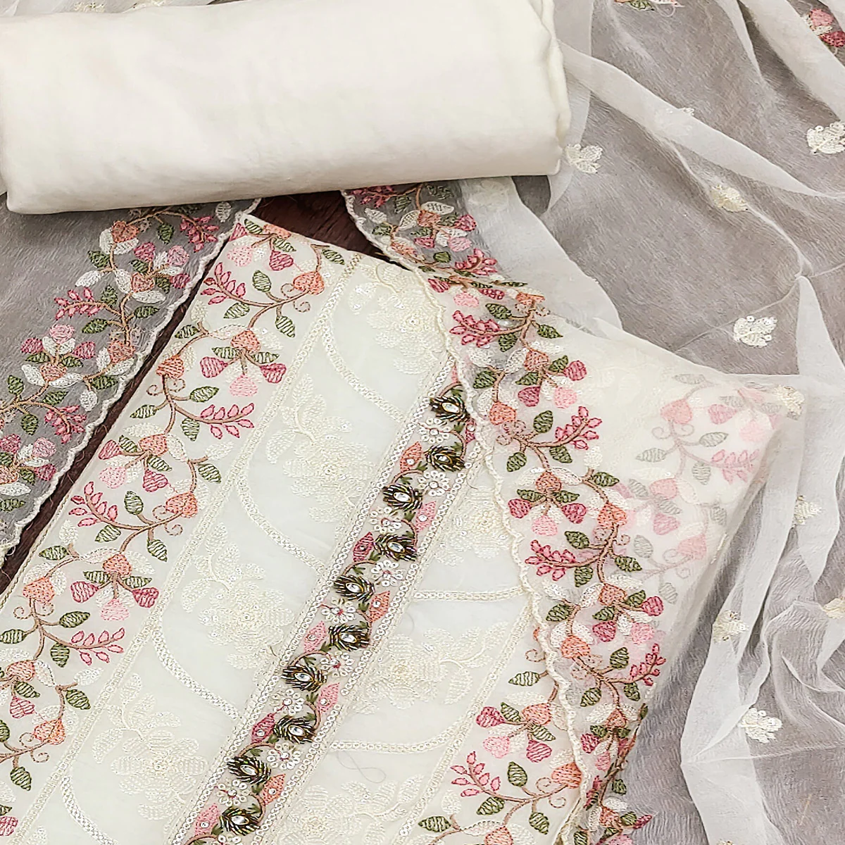 Offwhite Floral Sequins Embroidered Organza Dress Material - Image 2