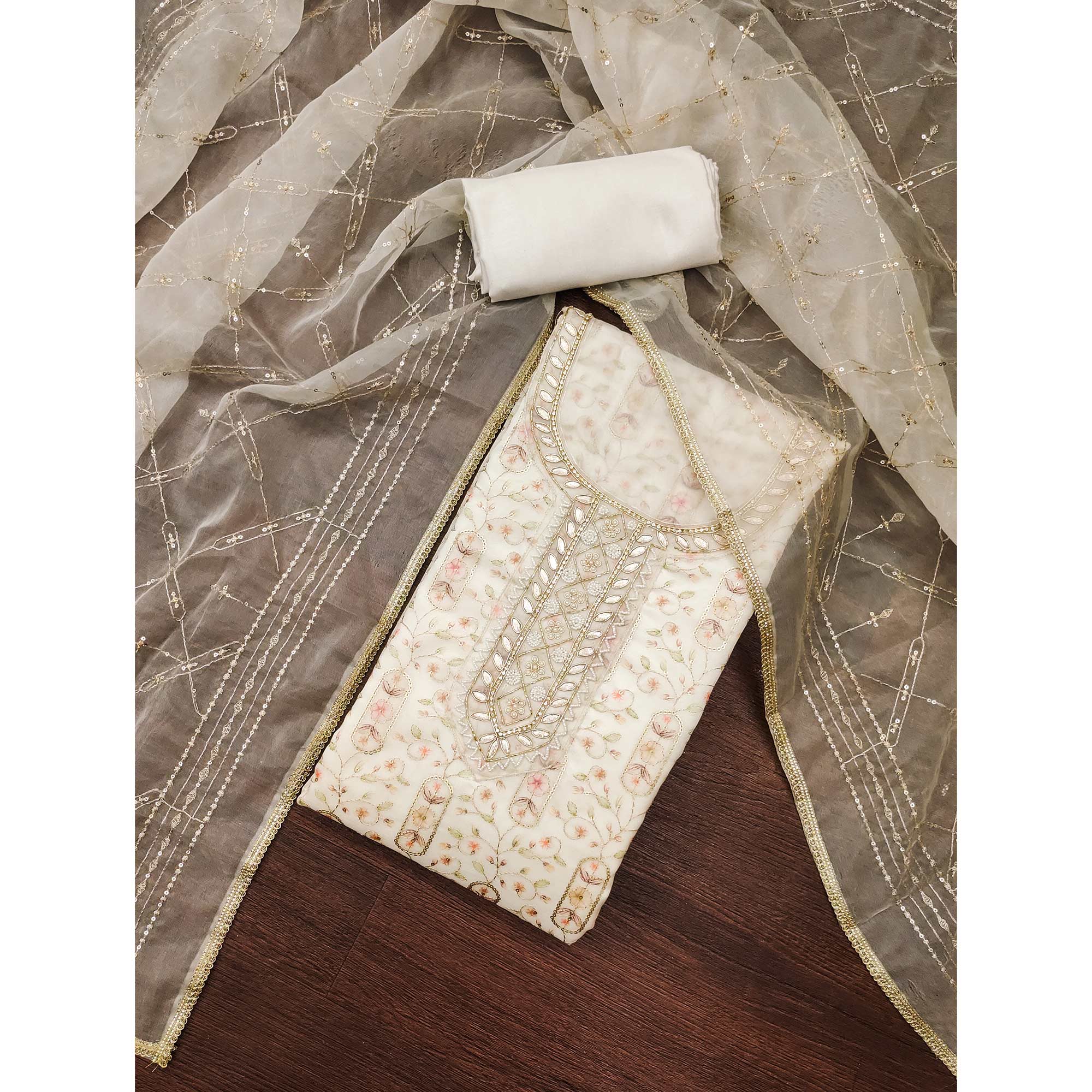 Offwhite Floral Sequins Embroidery With Handwork Viscose Dress Material - Image 3