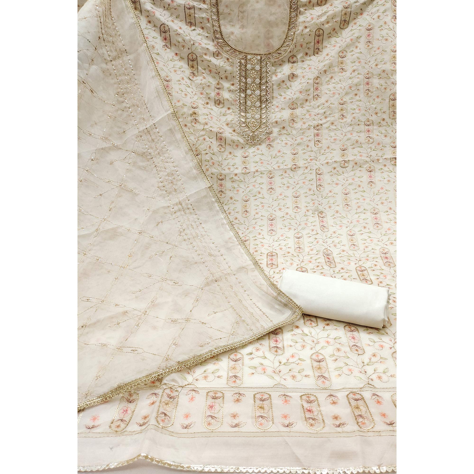 Offwhite Floral Sequins Embroidery With Handwork Viscose Dress Material - Image 4