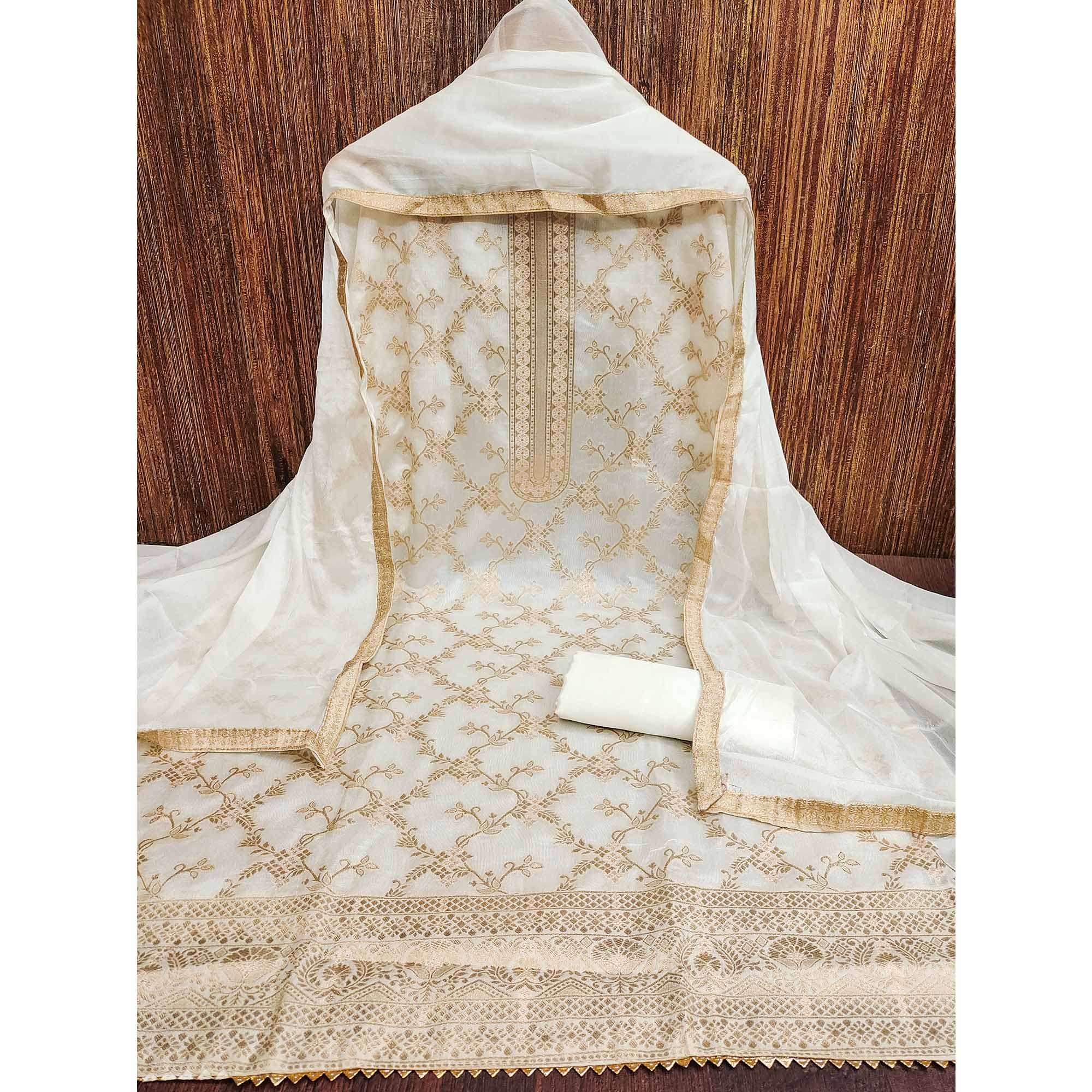 Offwhite Floral Woven Banarasi Jacquard Dress Material - Image 3