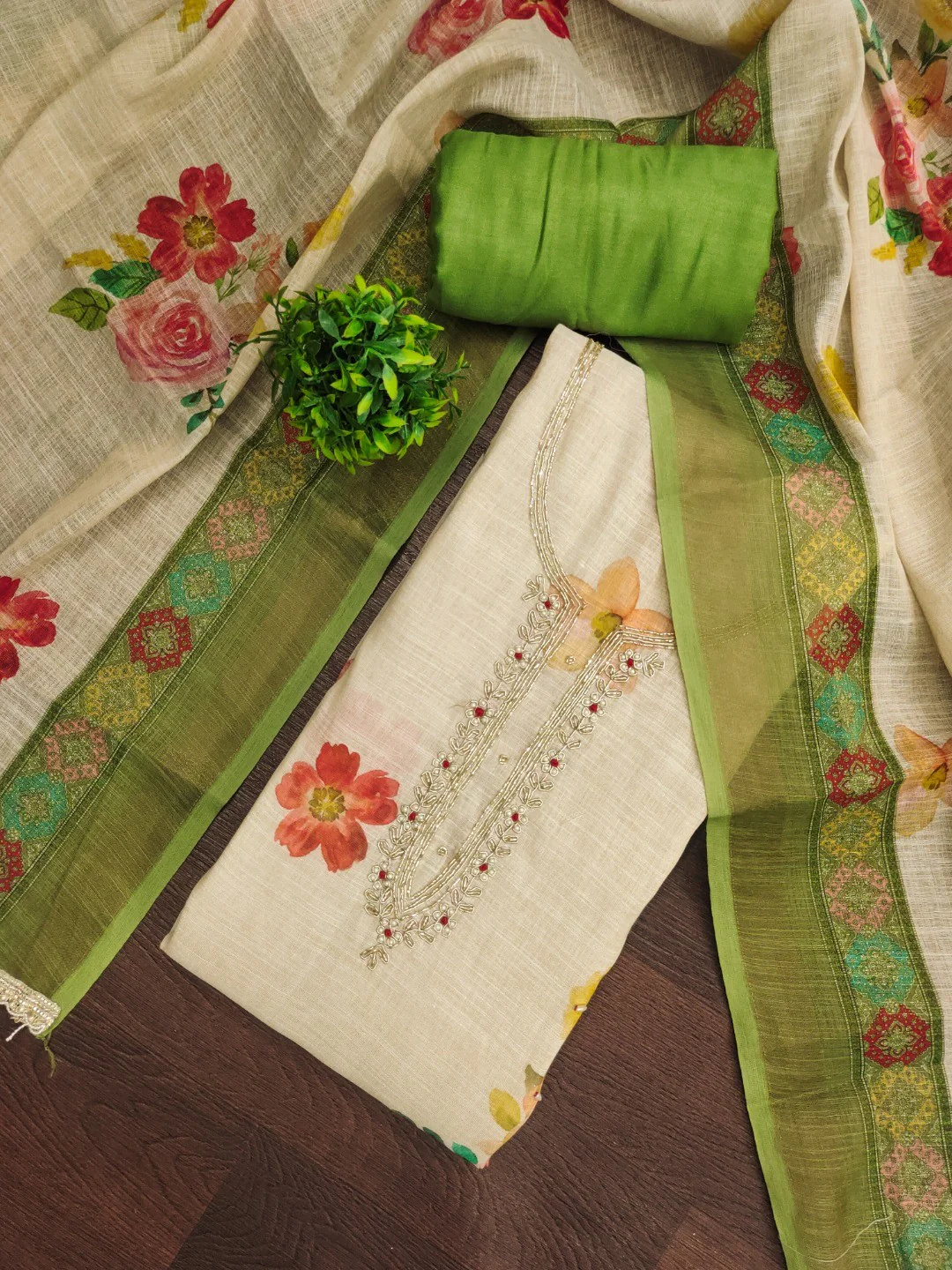 Offwhite & Green Floral Print with Beads Work Linen Unstitched Dress Material - Image 5