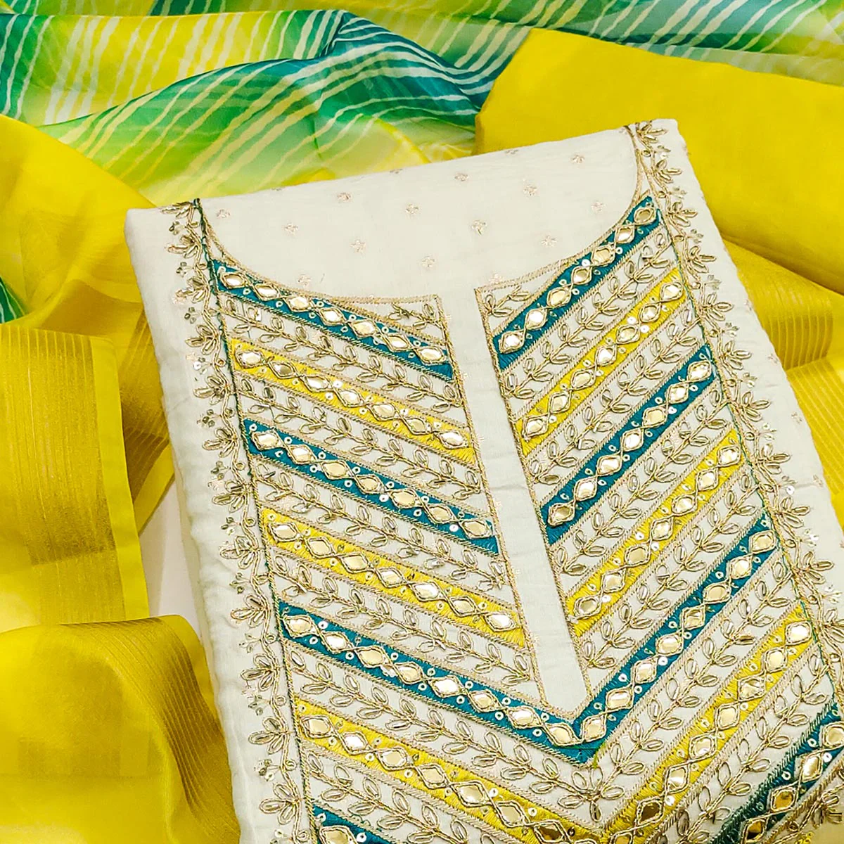Offwhite & Lemon Green Butti Weaving Chanderi Silk Dress Material Enhanced With Cording Embroidery - Image 2