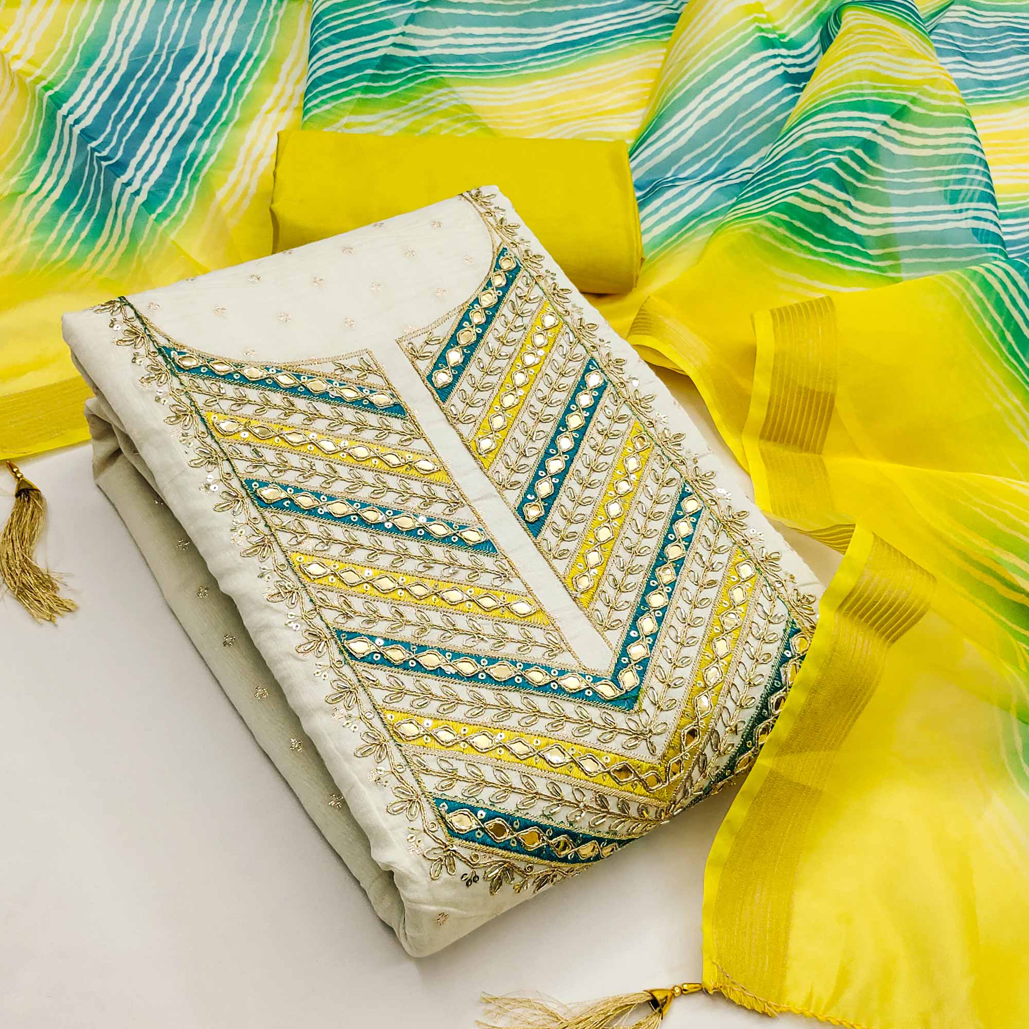 Offwhite & Lemon Green Butti Weaving Chanderi Silk Dress Material Enhanced With Cording Embroidery - Image 3