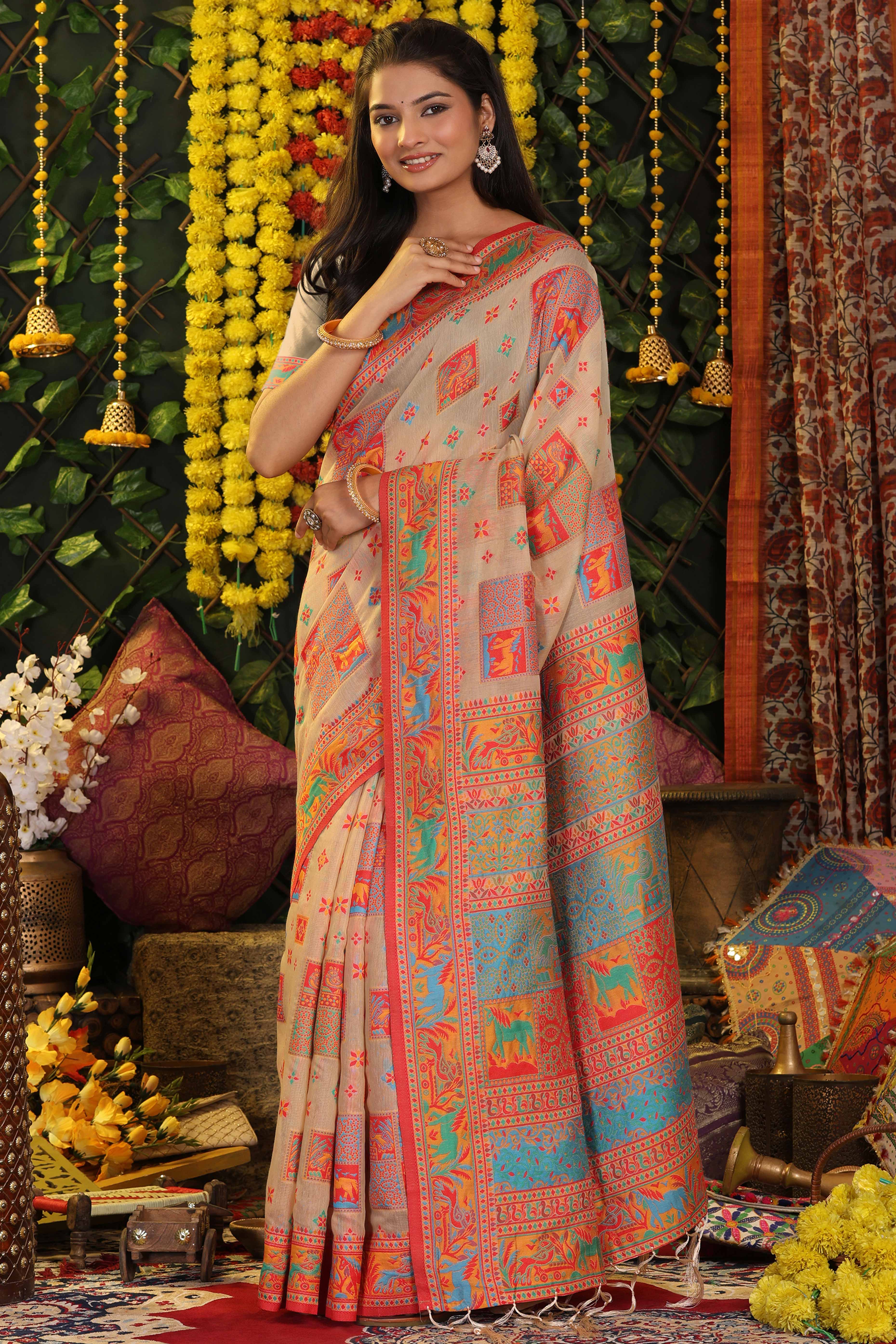 Offwhite Linen Cotton Saree Adorned With Floral Zari Weaving & Tassel Pallu - Image 3