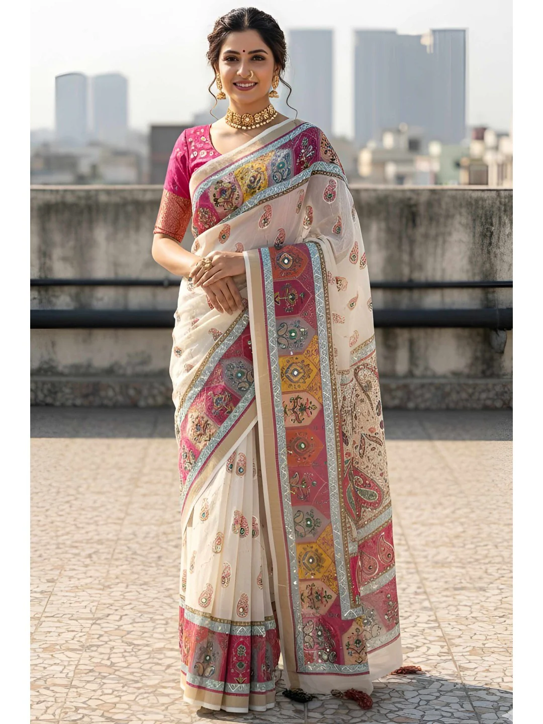 Offwhite Linen Saree Adorned with Paisley Prints and Elegant Embroidery Design
