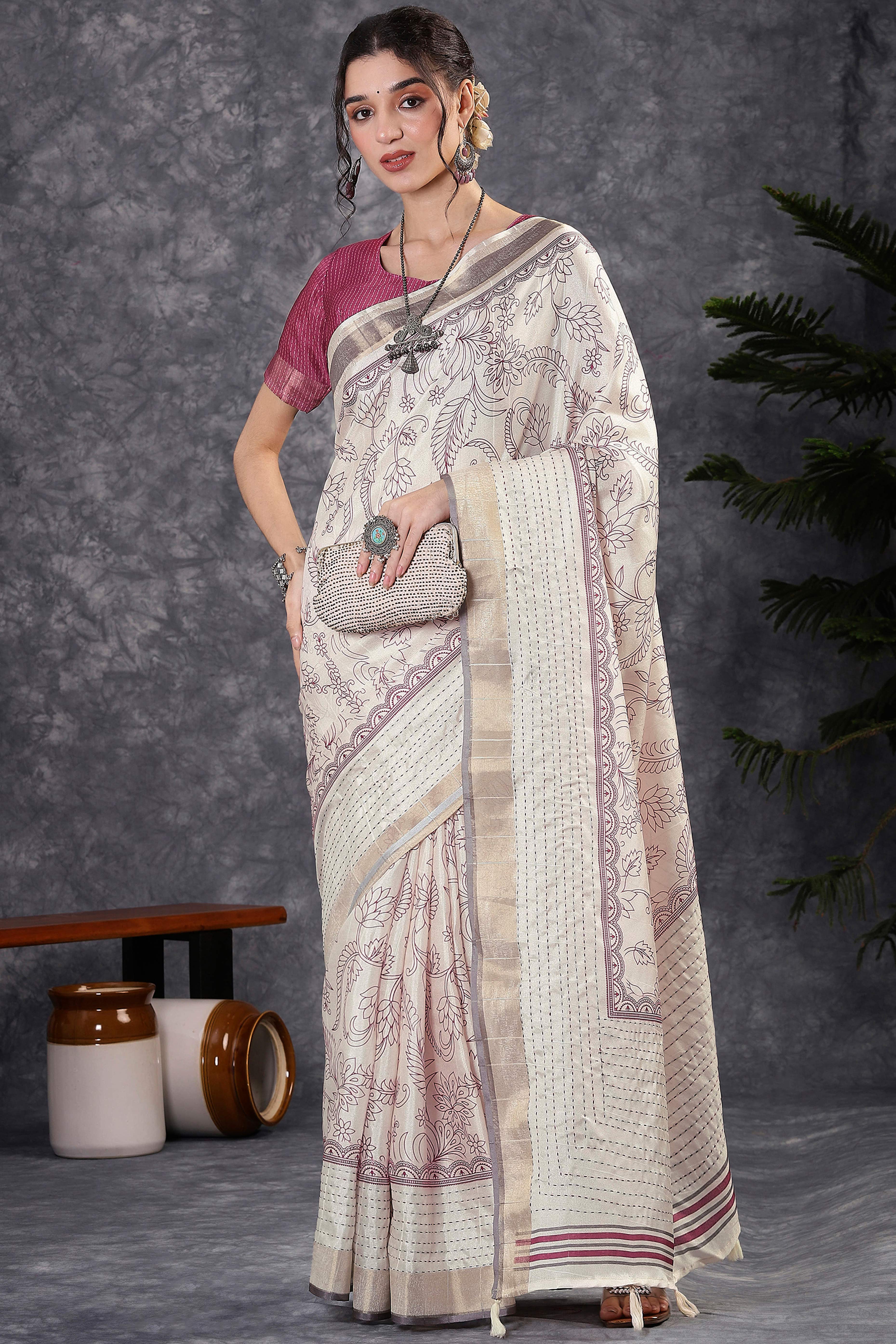 Offwhite & Magenta Floral Printed Kotha Cotton Silk Saree With Beautifully Crafted Katha Embroidery - Image 3