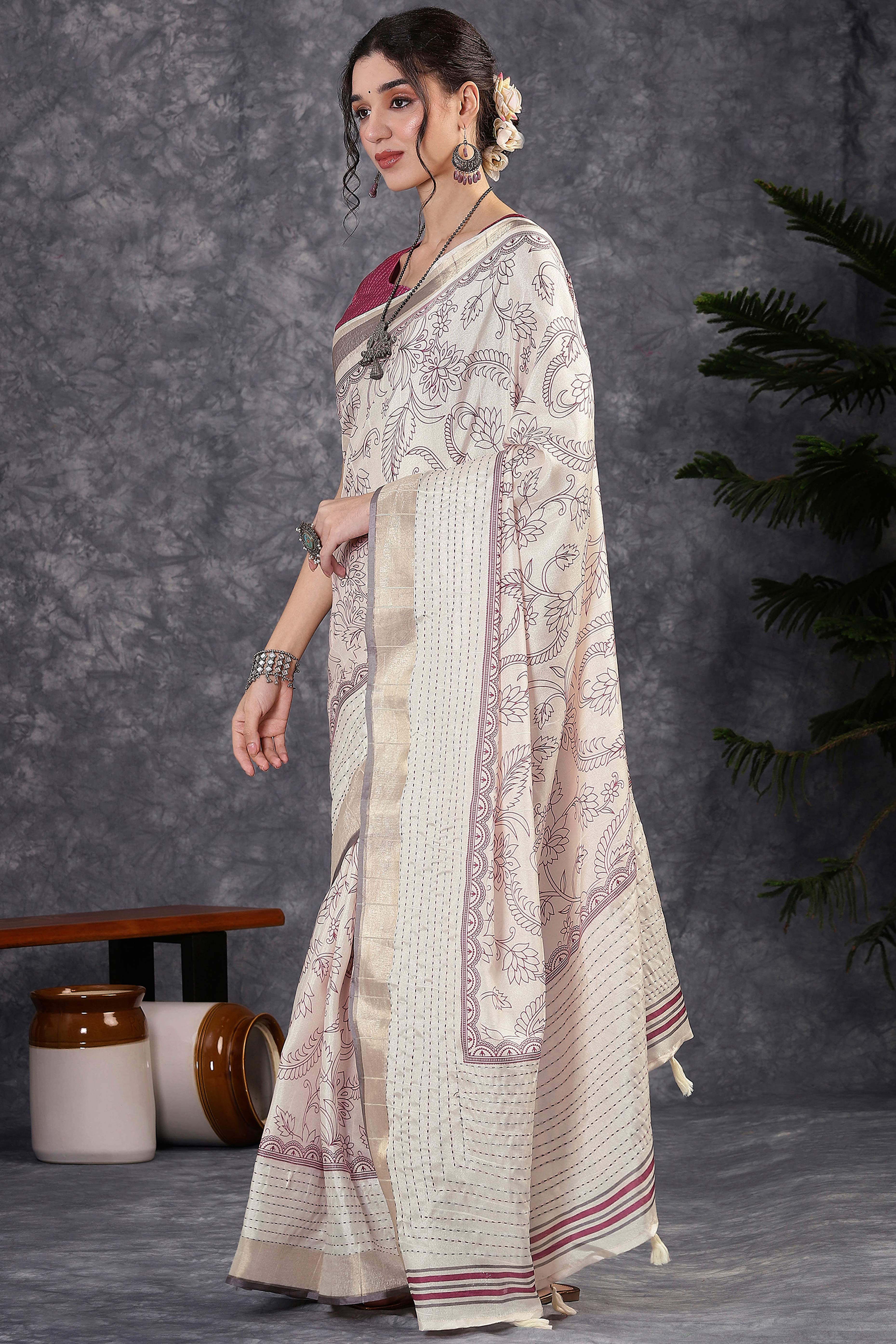 Offwhite & Magenta Floral Printed Kotha Cotton Silk Saree With Beautifully Crafted Katha Embroidery - Image 4