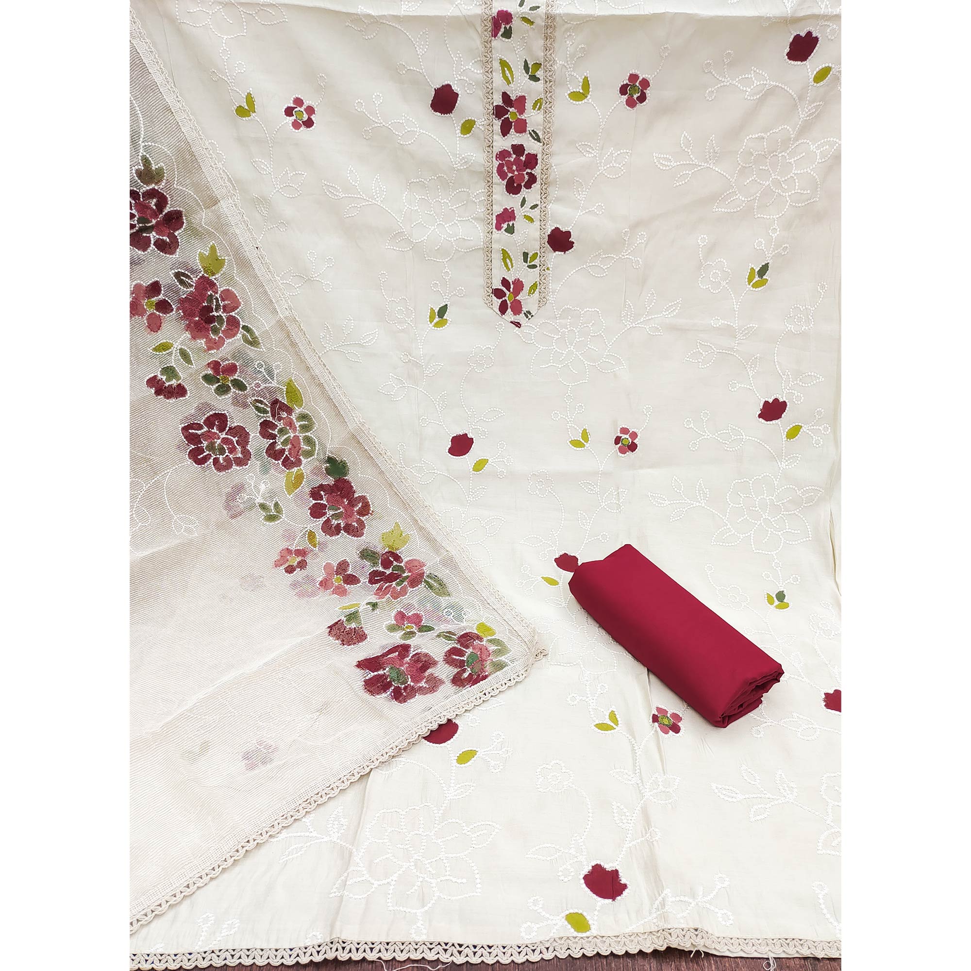 Offwhite & Maroon Floral Embroidery With Printed Roman Cotton Silk Material Material - Image 4