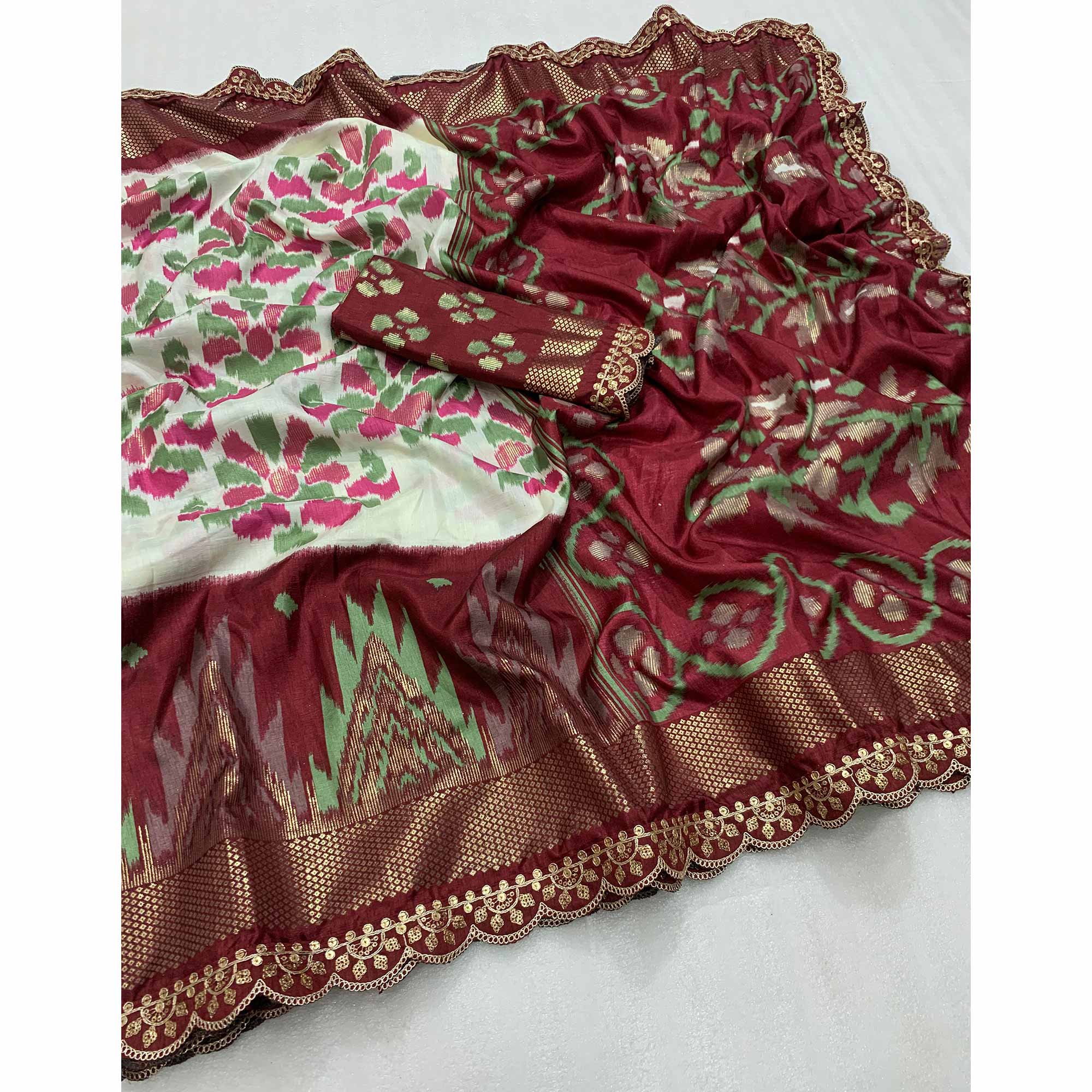 Offwhite & Maroon Ikkat Foil Printed Dola Silk Saree With Sequins Embroidered Border - Image 3