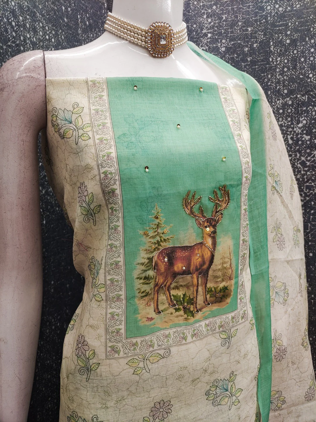 Offwhite & Mint Green Linen Dress Material with Deer Print and Dupatta - Image 3