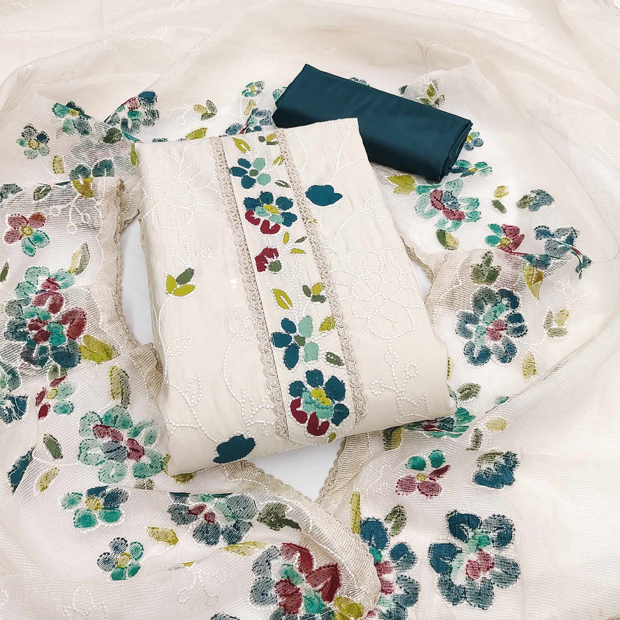 Offwhite & Morpich Floral Embroidery With Printed Roman Cotton Silk Material Material - Image 3