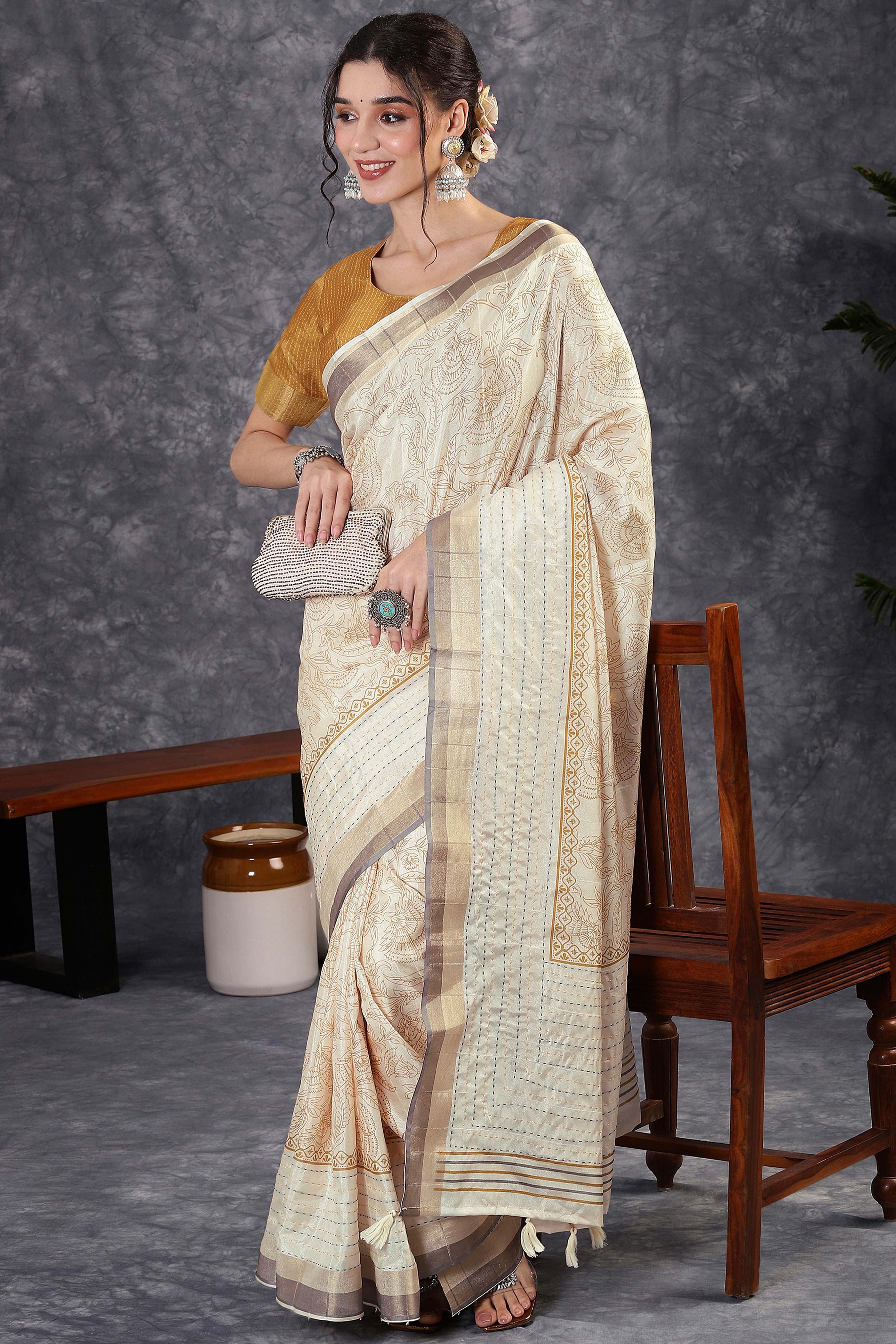 Offwhite & Mustard Floral Printed Kotha Cotton Silk Saree With Beautifully Crafted Katha Embroidery - Image 3