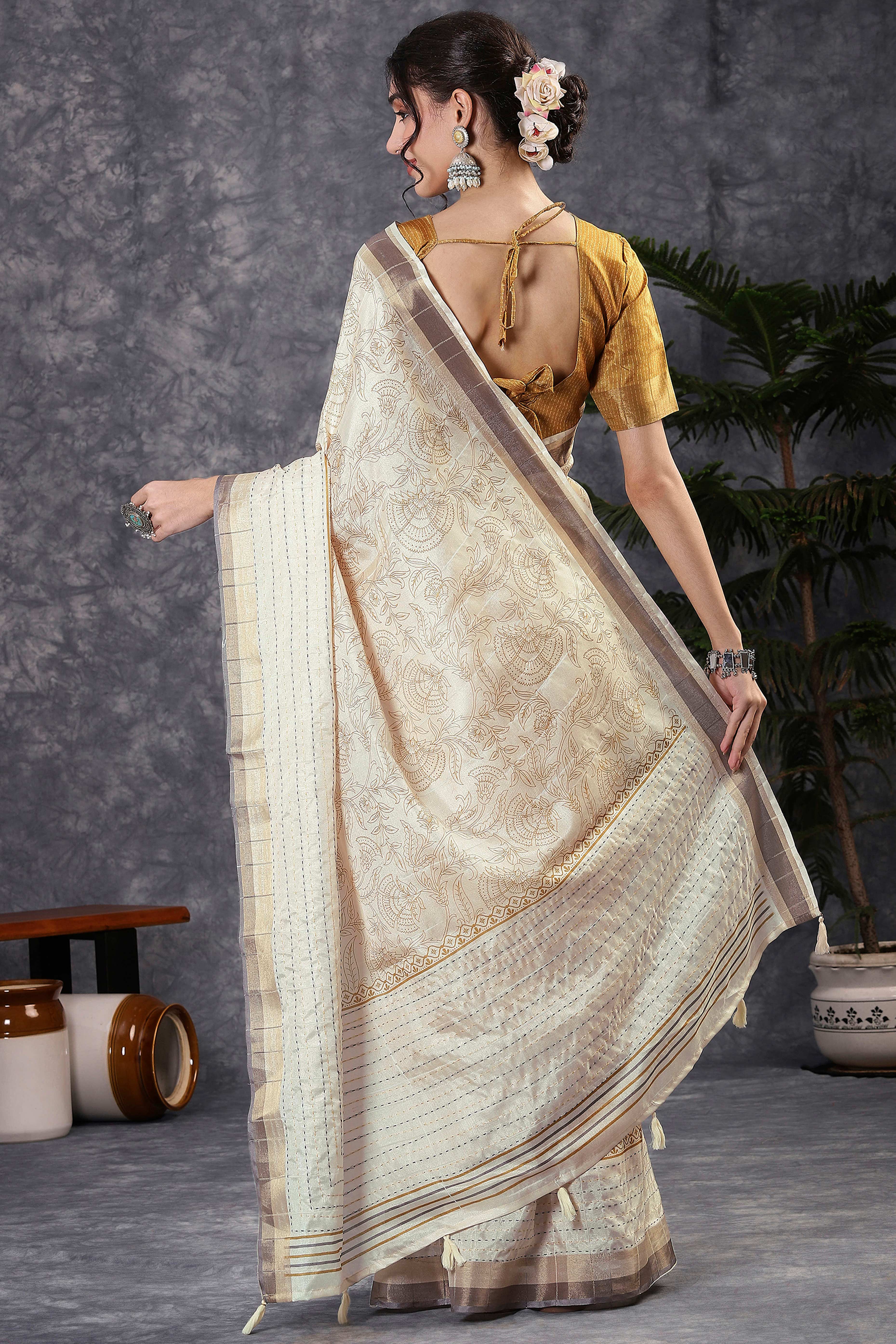 Offwhite & Mustard Floral Printed Kotha Cotton Silk Saree With Beautifully Crafted Katha Embroidery - Image 5
