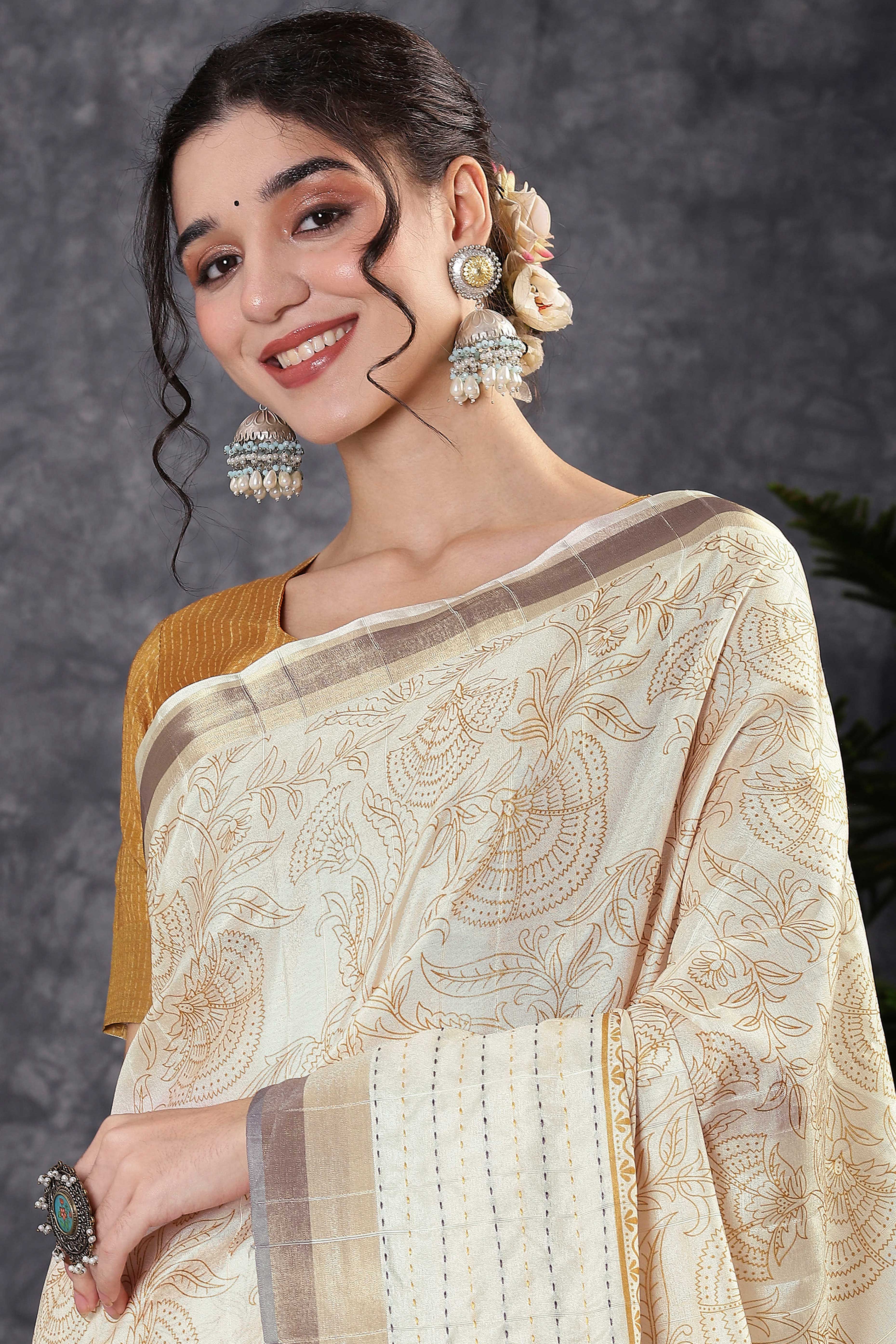 Offwhite & Mustard Floral Printed Kotha Cotton Silk Saree With Beautifully Crafted Katha Embroidery - Image 6