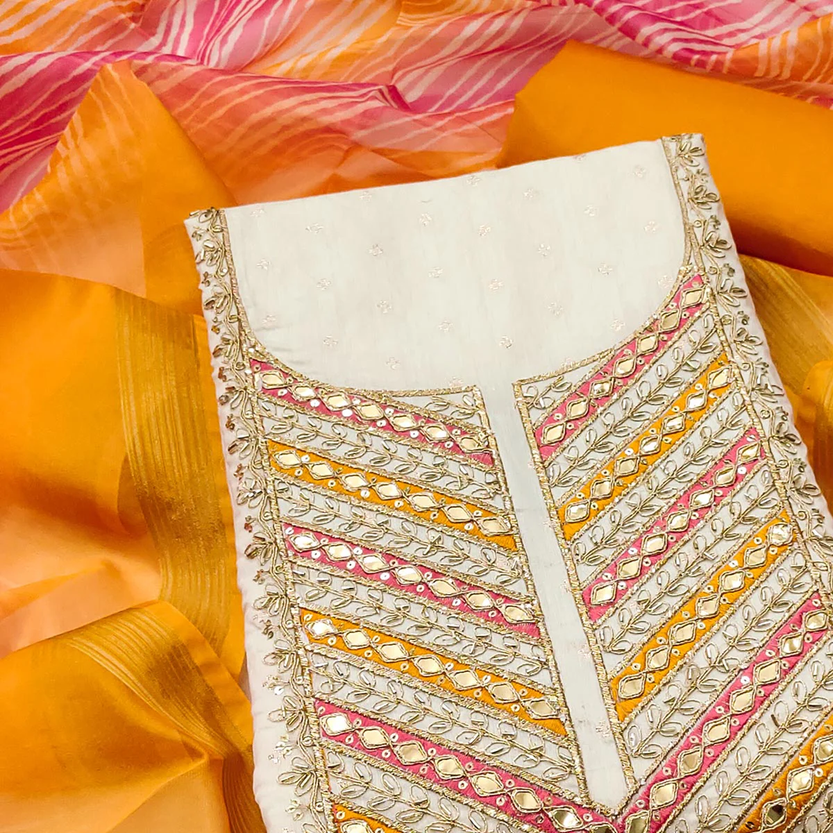 Offwhite & Orange Butti Weaving Chanderi Silk Dress Material Enhanced With Cording Embroidery - Image 2