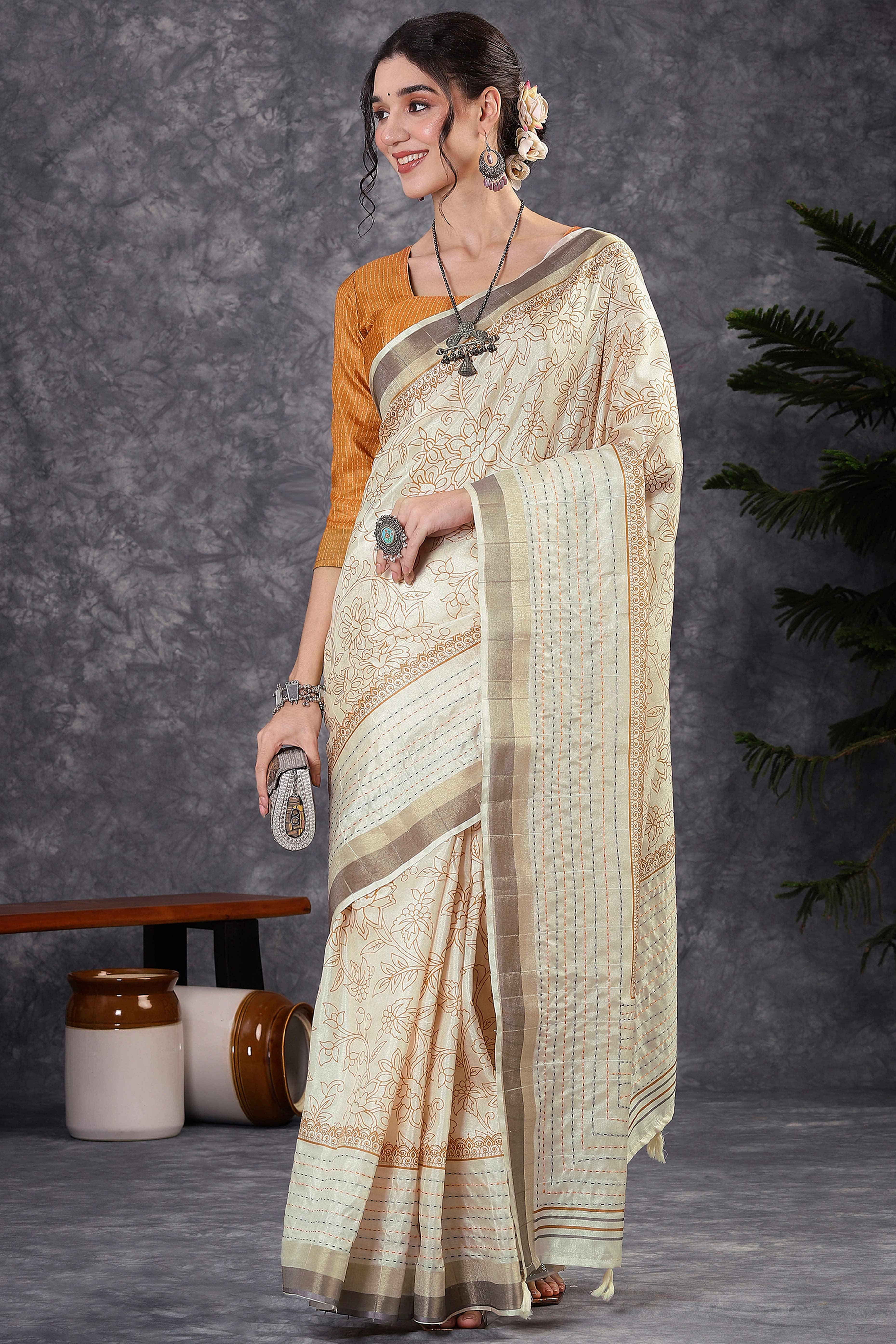 Offwhite & Orange Floral Printed Kotha Cotton Silk Saree With Beautifully Crafted Katha Embroidery - Image 3