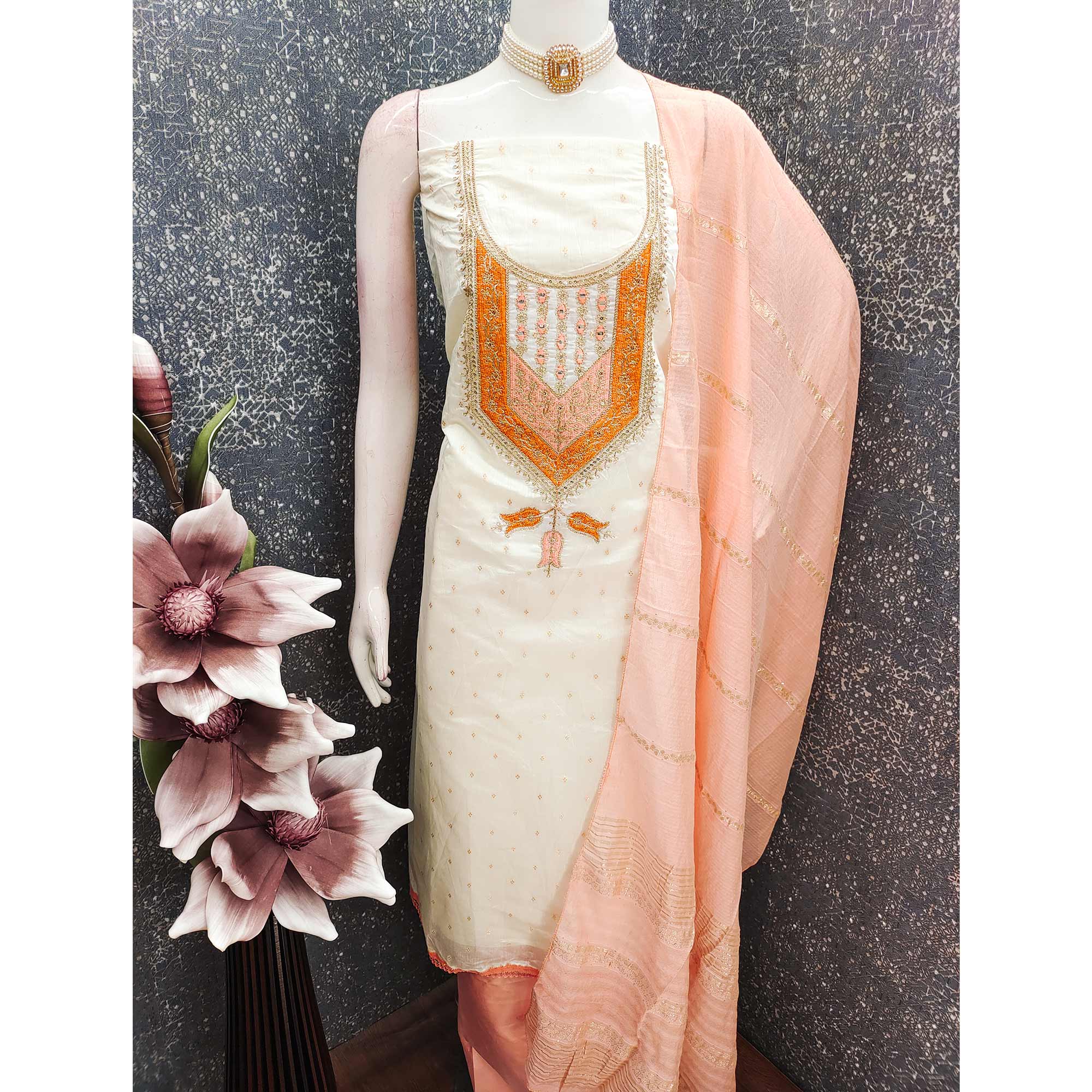 OffWhite & Peach Floral Cording & Sequins Embroidered With Butti Chanderi Silk Dress Material - Image 4