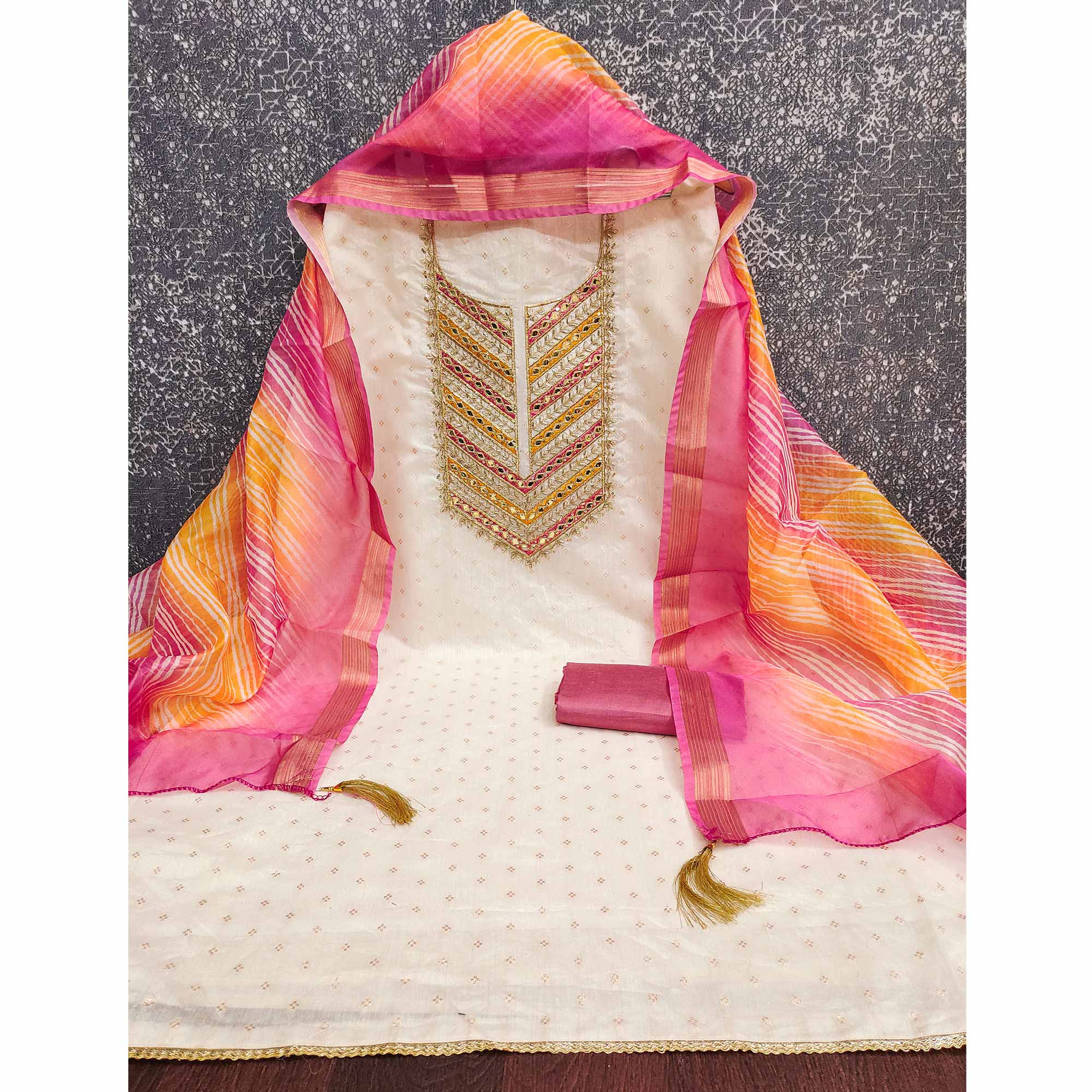 Offwhite & Pink Butti Weaving Chanderi Silk Dress Material Enhanced With Cording Embroidery - Image 4