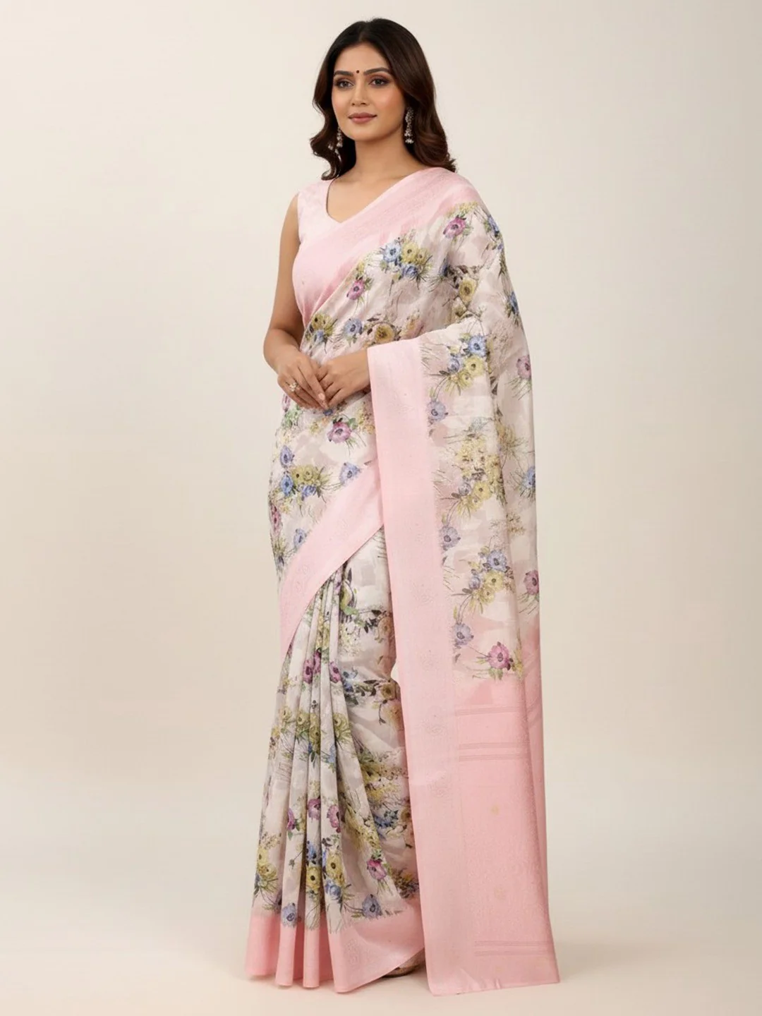 Offwhite & Pink Floral Digital Printed Silk Blend Lucknowi Saree With Jacquard Woven Border & Pallu