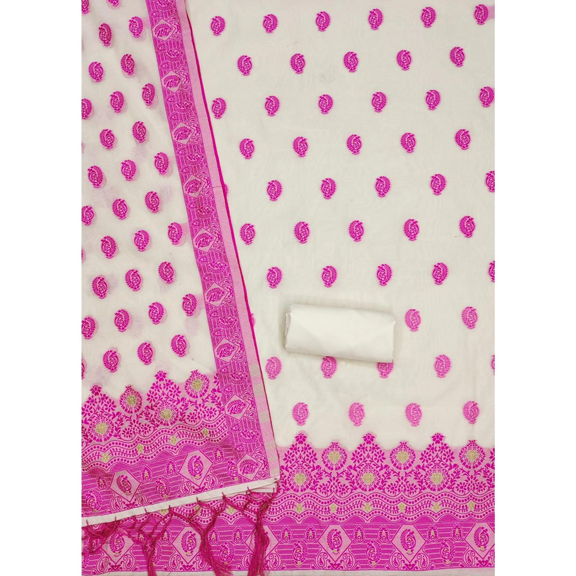 Offwhite & Pink Floral Woven Chanderi Dress Material - Image 4