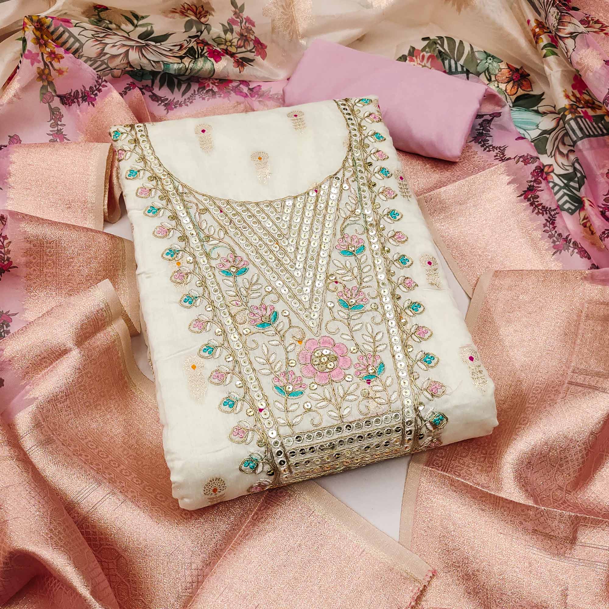 Offwhite & Pink Floral Woven With Sequins Cording Embroidery Meenakari Jacquard Dress Material - Image 3