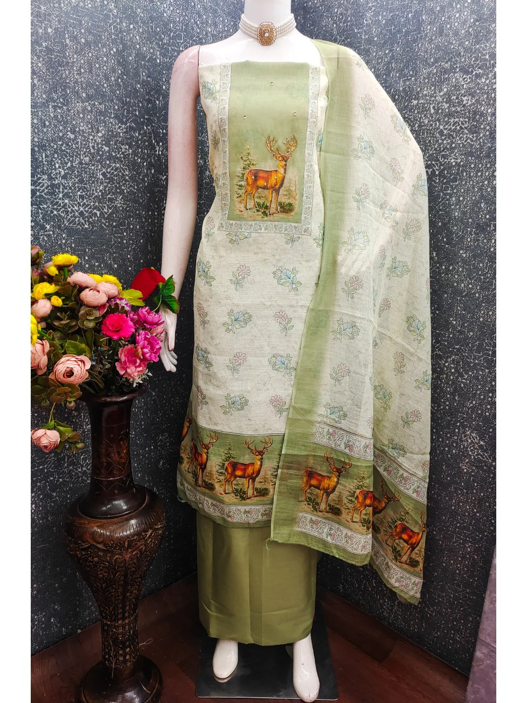 Offwhite & Pista Green Linen Dress Material with Deer Print and Dupatta - Image 4
