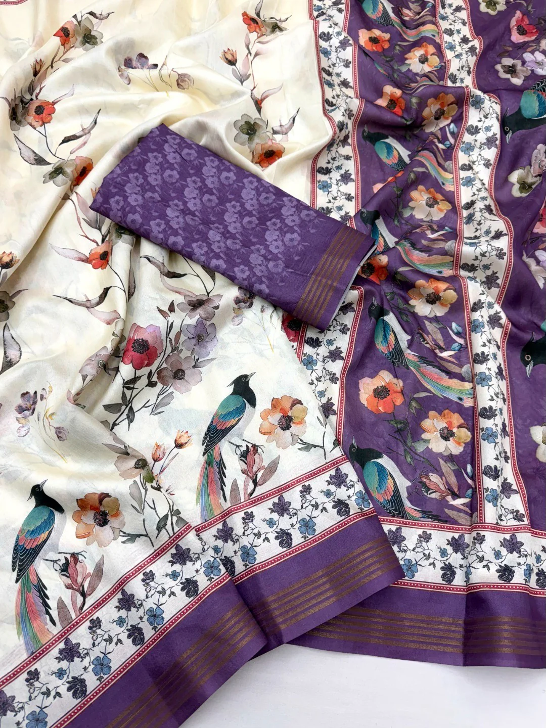 Offwhite & Purple Dola Silk Saree with Elegant Floral and Bird Digital Print - Image 2