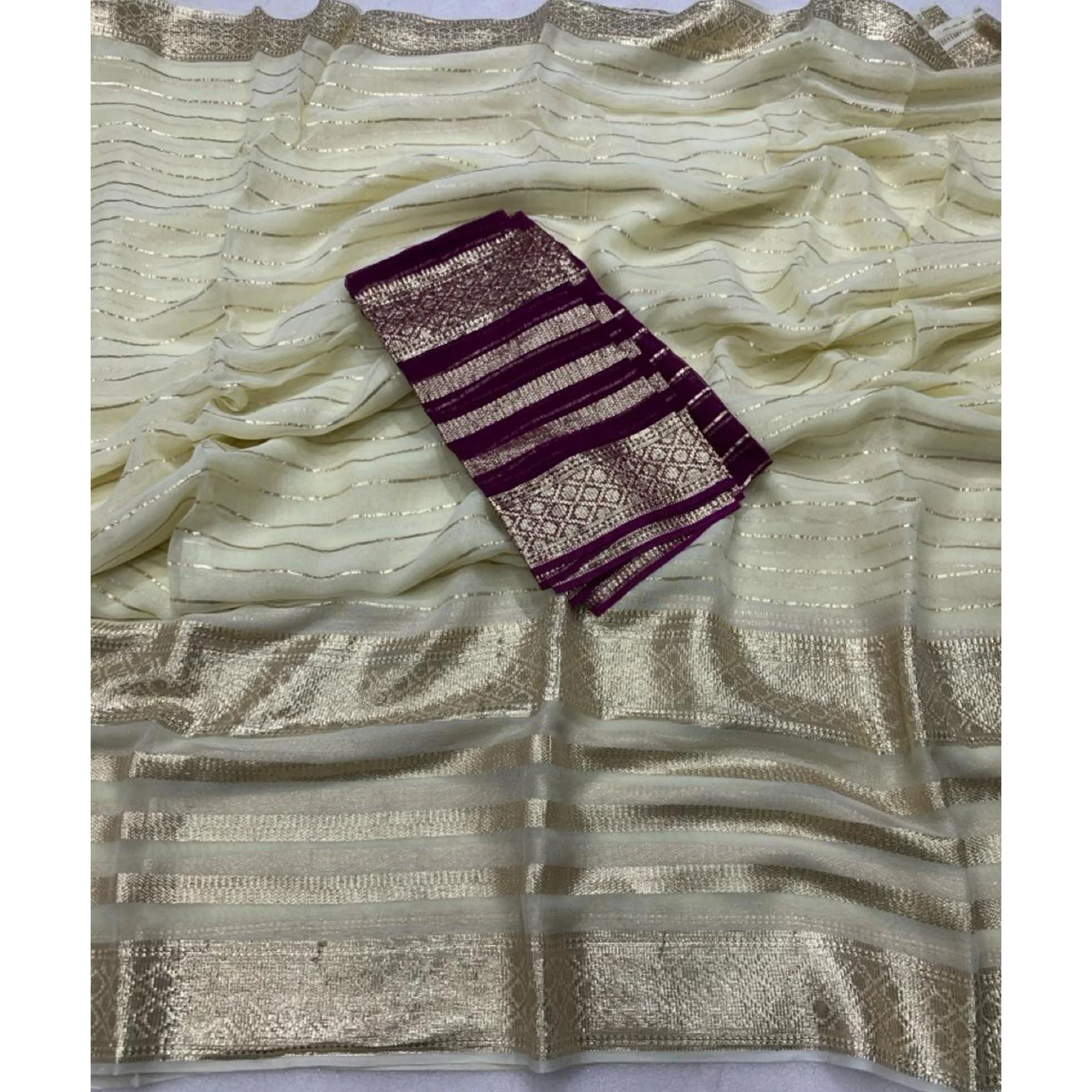 Offwhite & Purple Striped Zari Woven Viscose Saree - Image 3