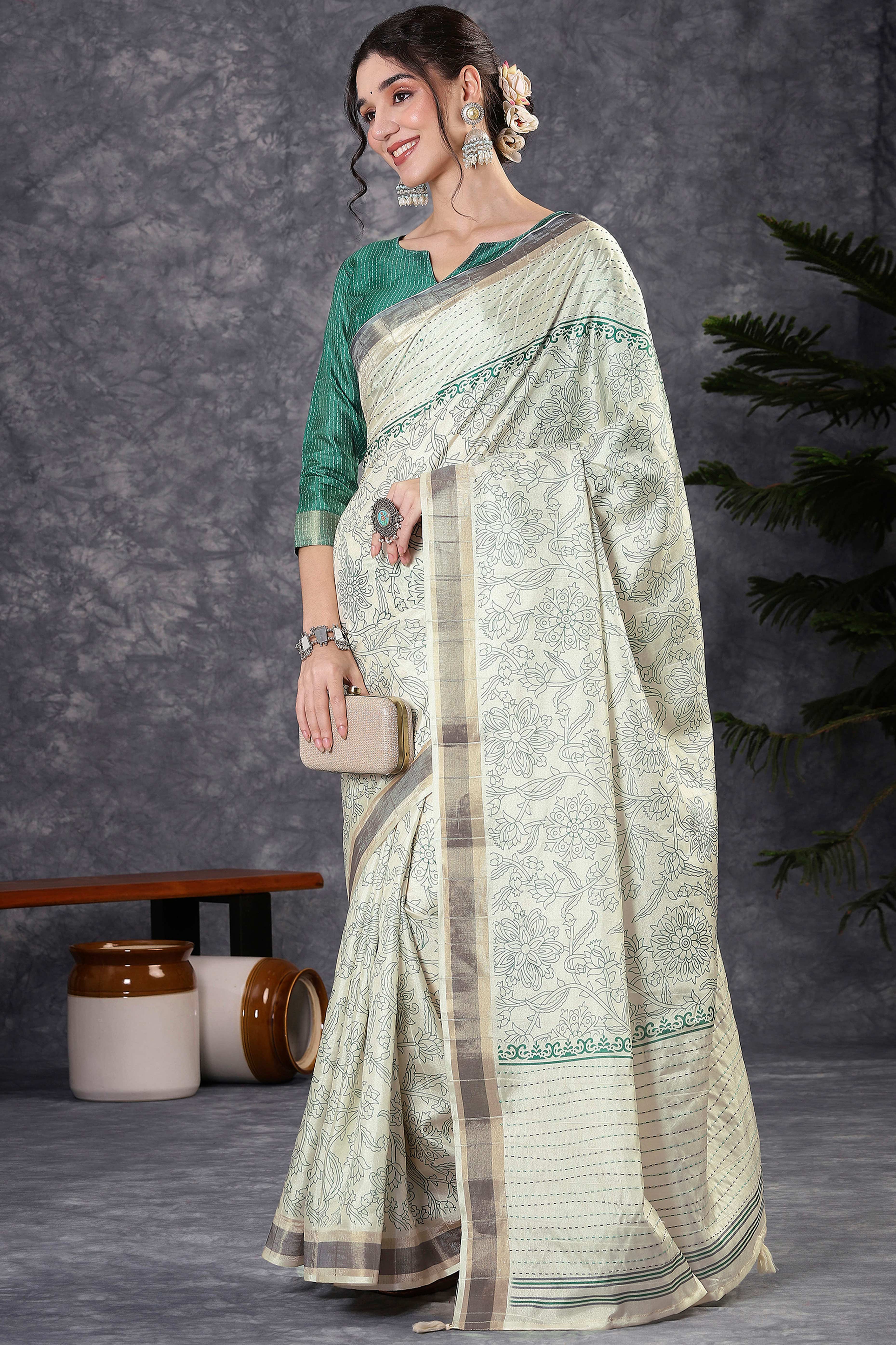 Offwhite & Rama Floral Printed Kotha Cotton Silk Saree With Beautifully Crafted Katha Embroidery - Image 3
