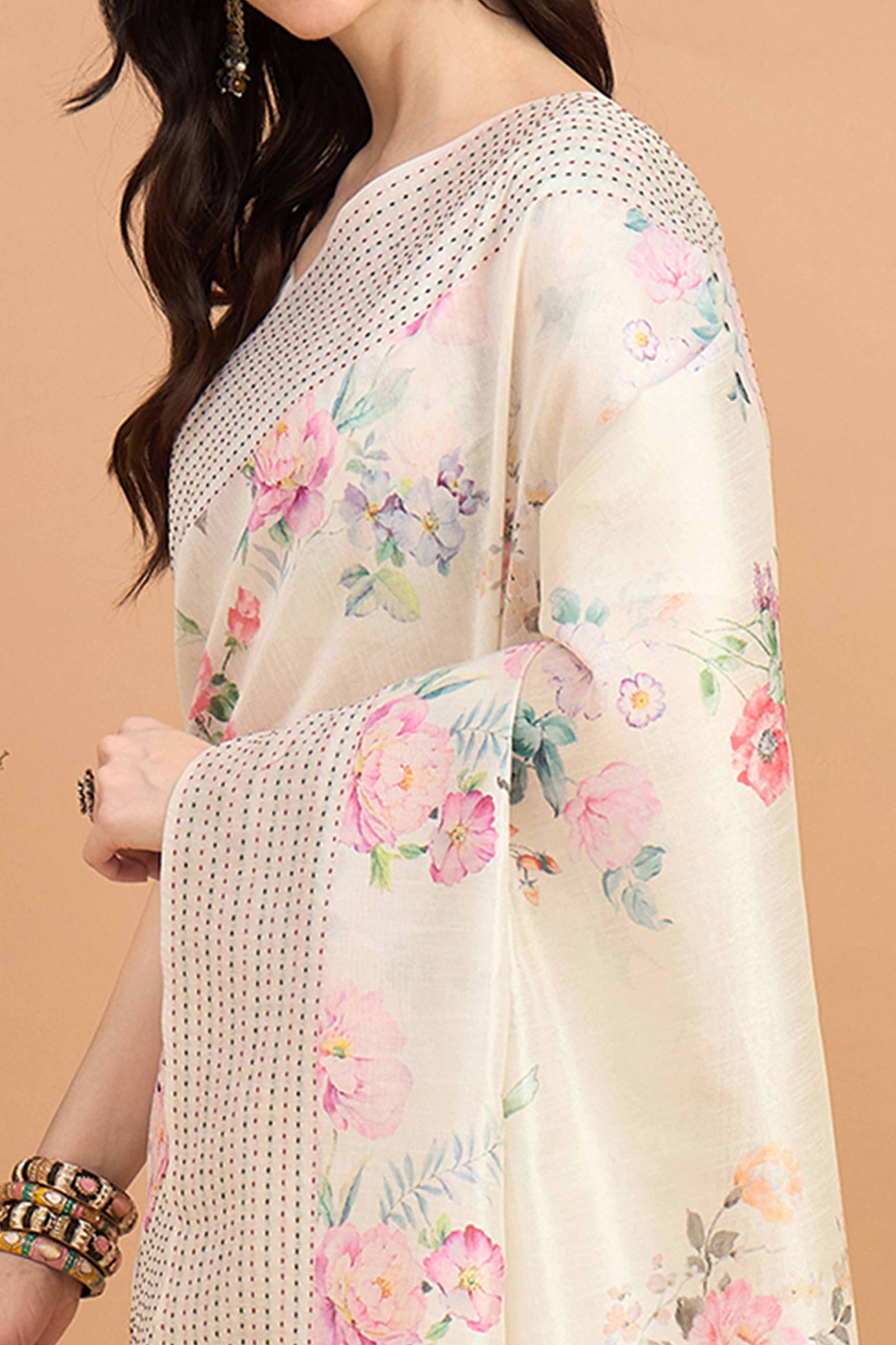 Offwhite Silk Blend Saree With Floral Prints & Delicate Tassels Border - Image 2