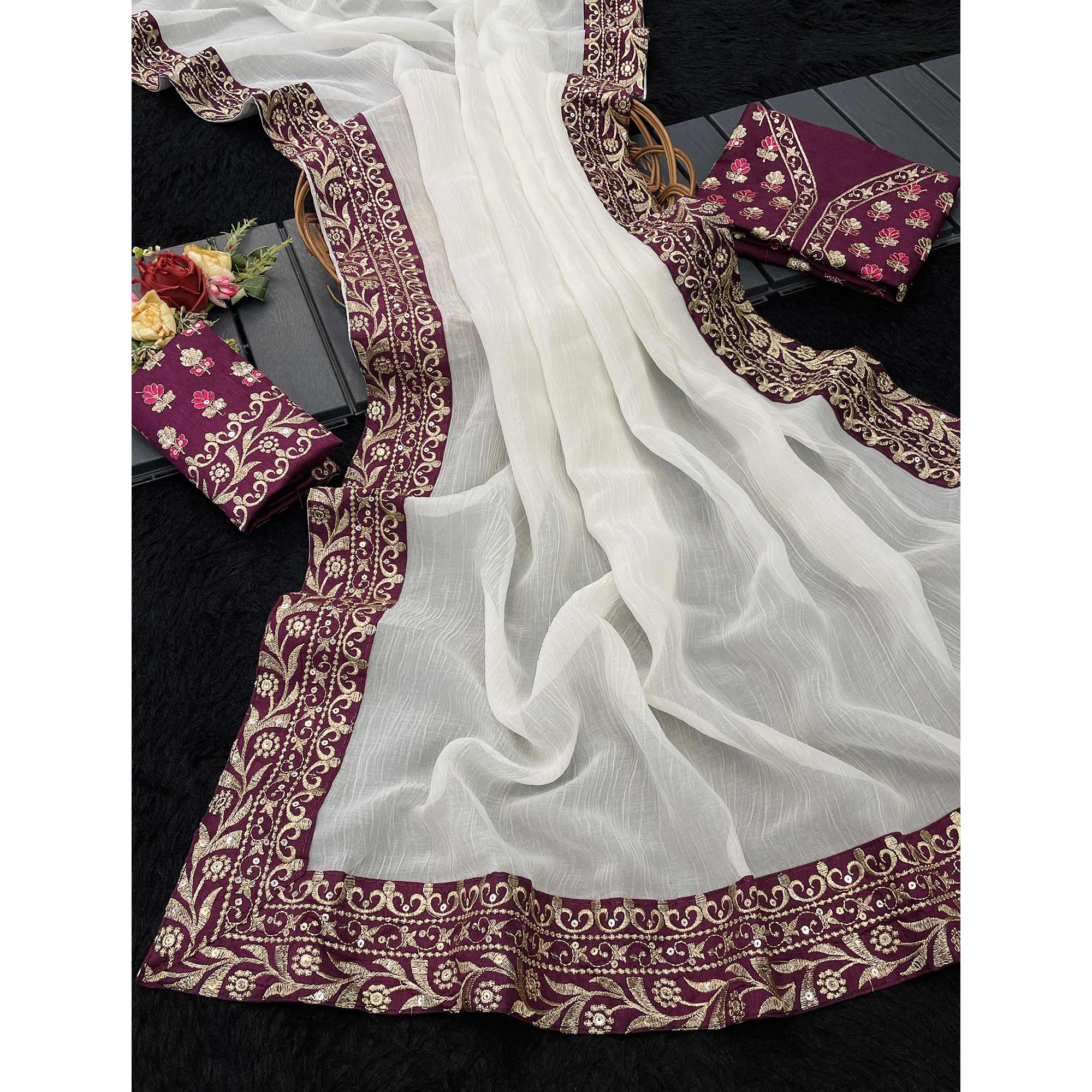 Offwhite Solid Crunchy Silk Blend Saree With Sequins Embroidery Border Work - Image 3
