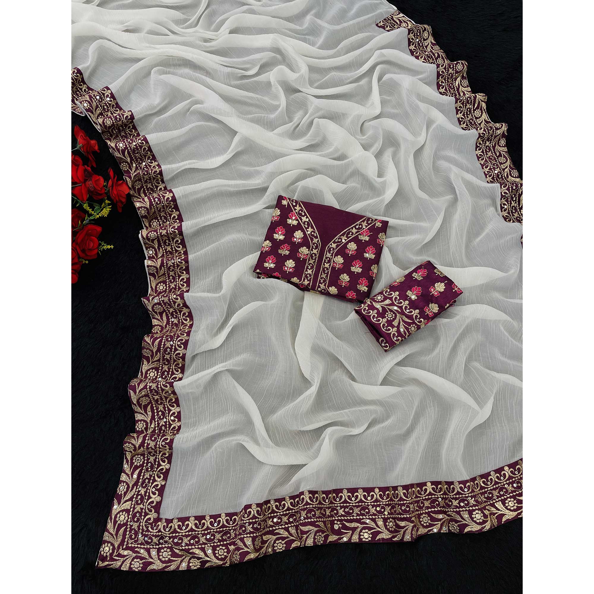 Offwhite Solid Crunchy Silk Blend Saree With Sequins Embroidery Border Work - Image 4