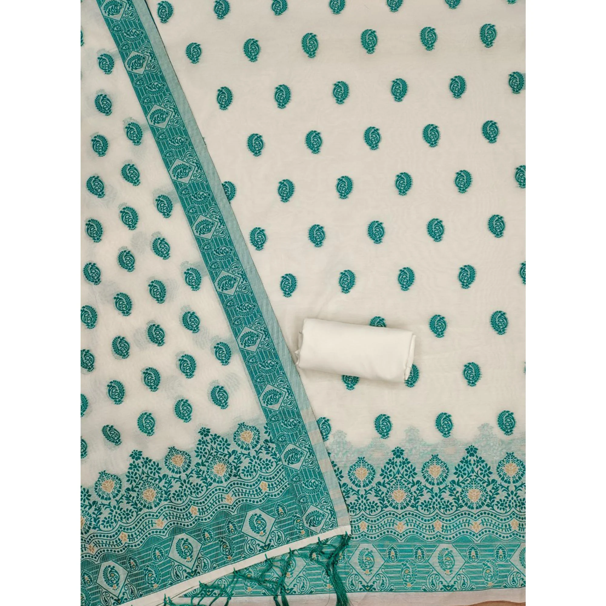 Offwhite & Teal Floral Woven Chanderi Dress Material - Image 4