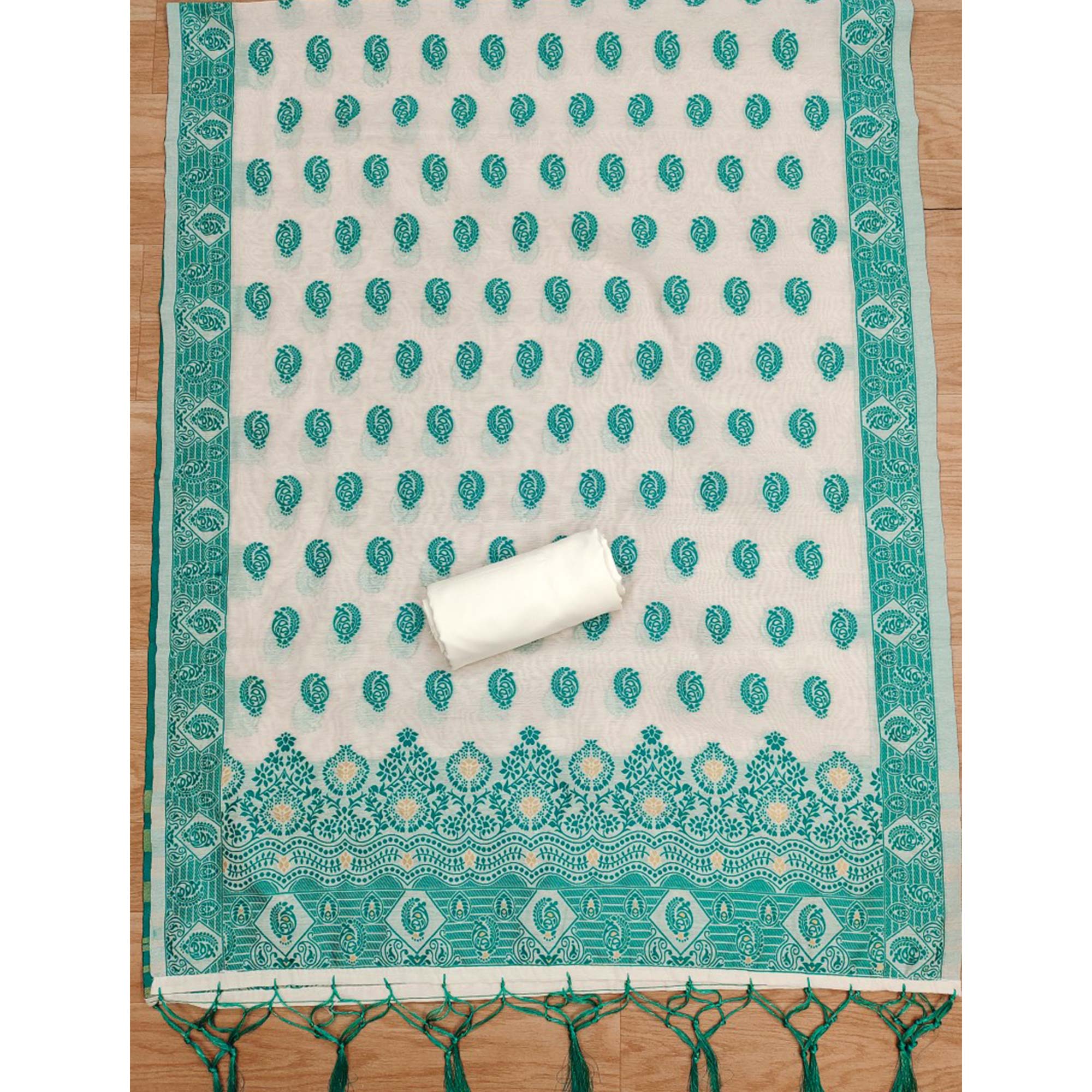 Offwhite & Teal Floral Woven Chanderi Dress Material - Image 5