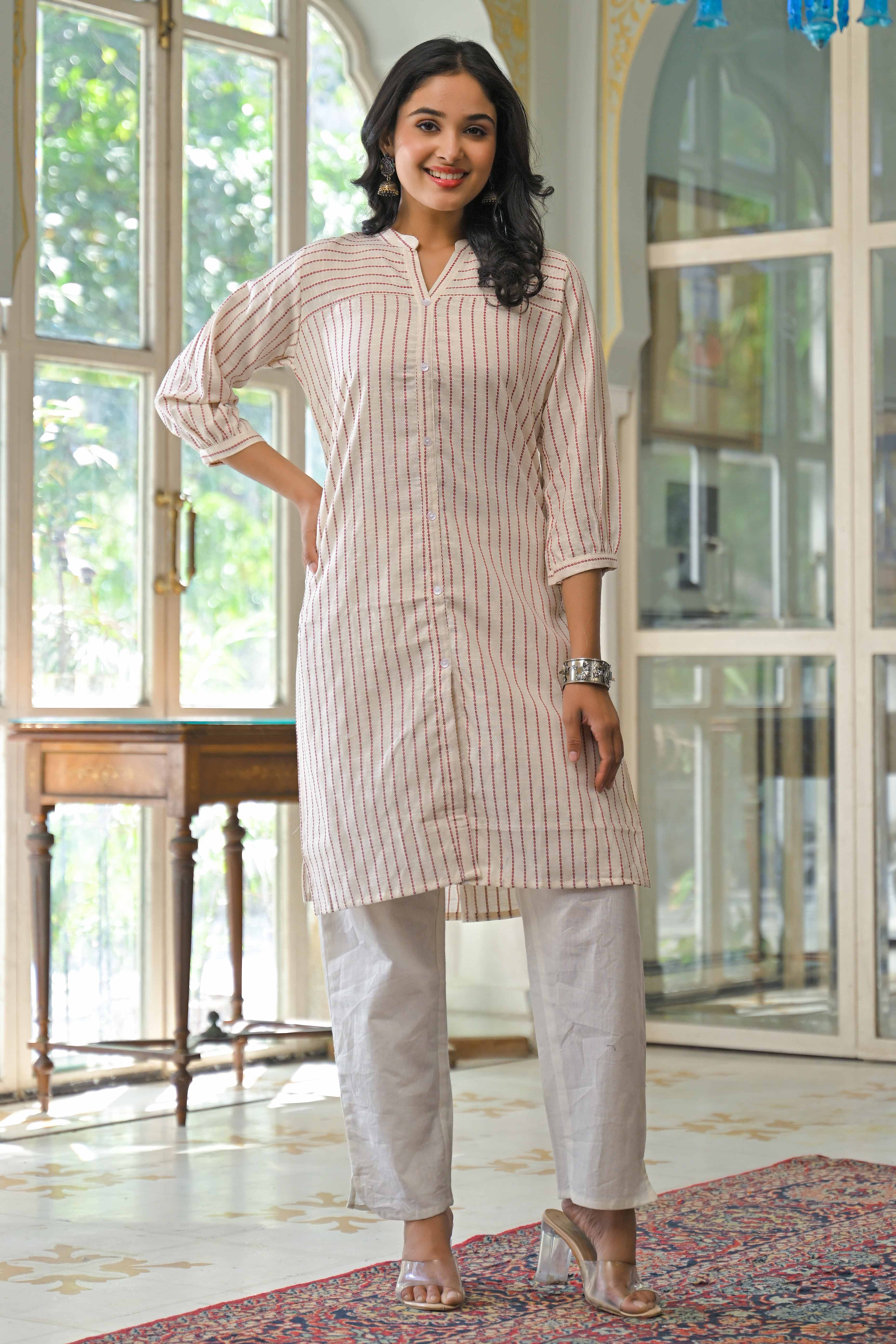 Offwhite Woven Pure Cotton Front Slit Kurti - Image 3