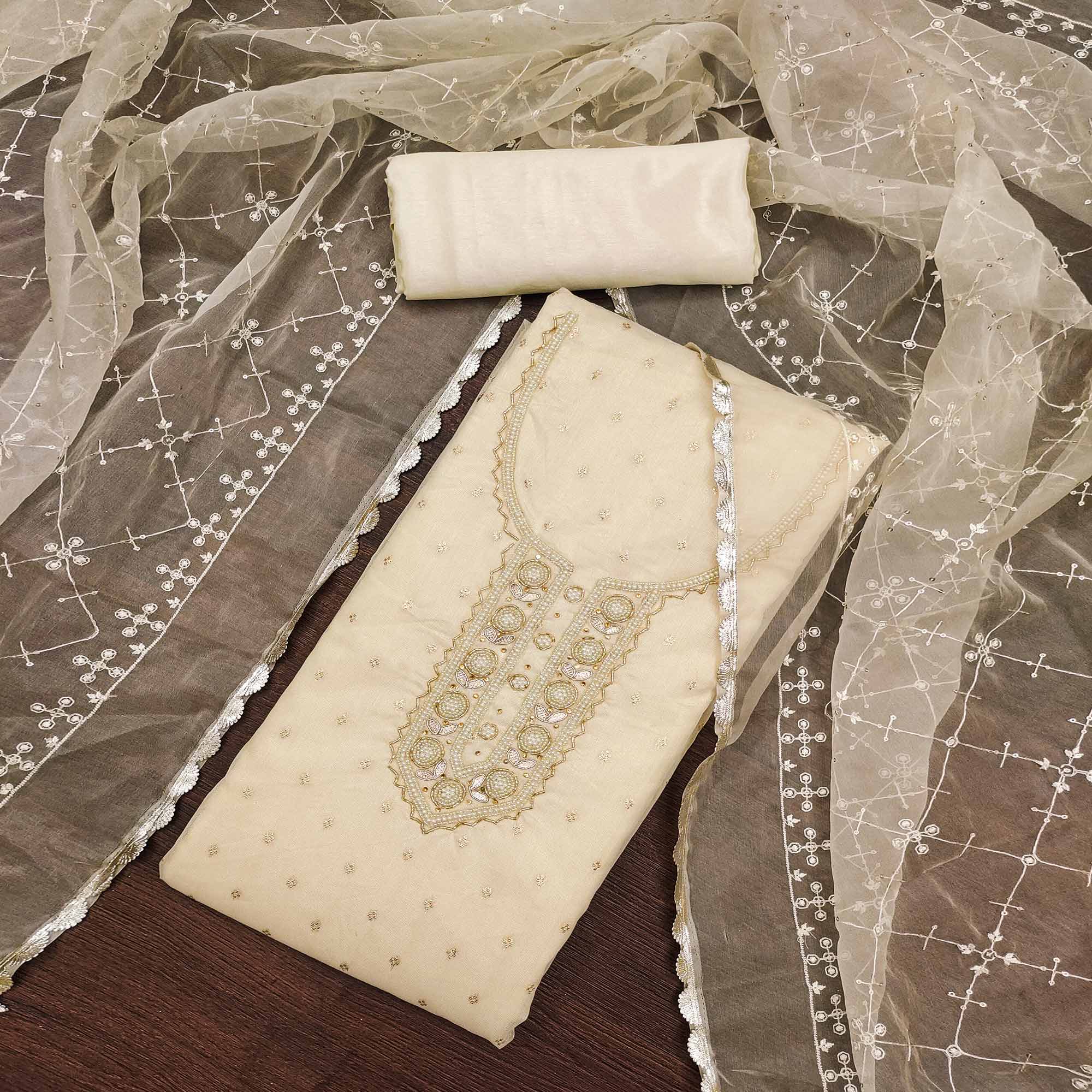 Offwhite Woven With Handwork Organza Dress Material - Image 3