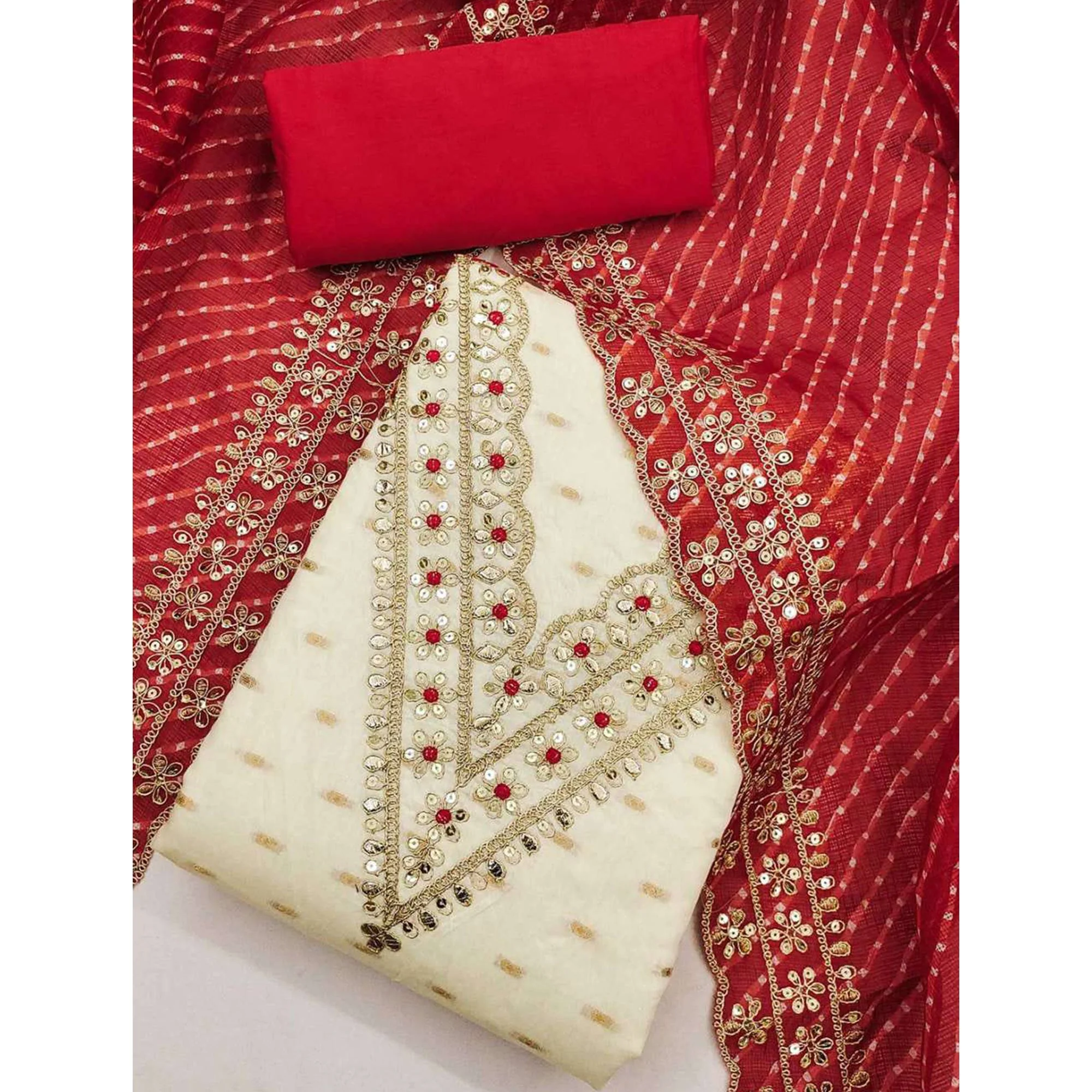 Offwhite Woven With Sequins Embroidered Chanderi Dress Material - Image 3
