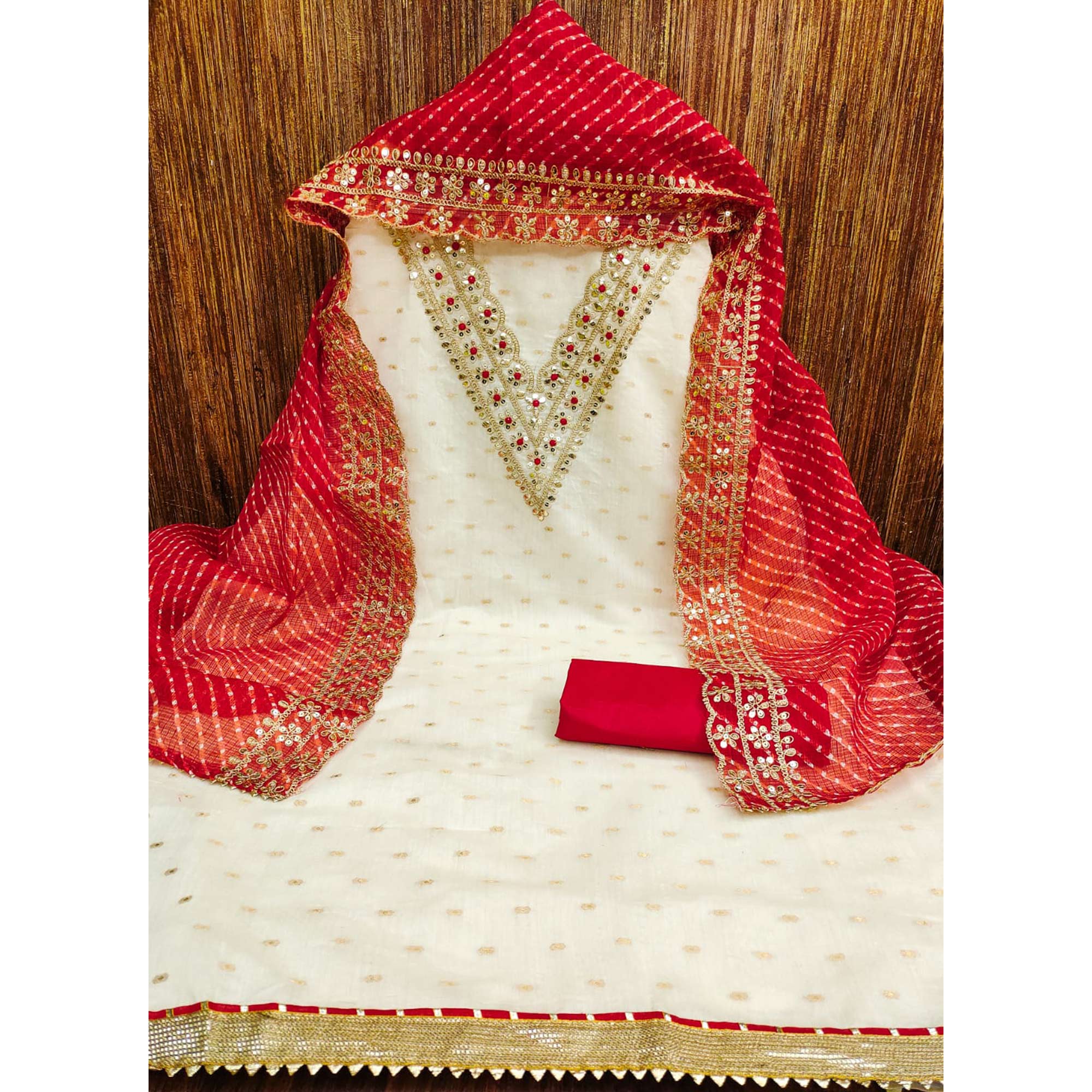 Offwhite Woven With Sequins Embroidered Chanderi Dress Material - Image 4