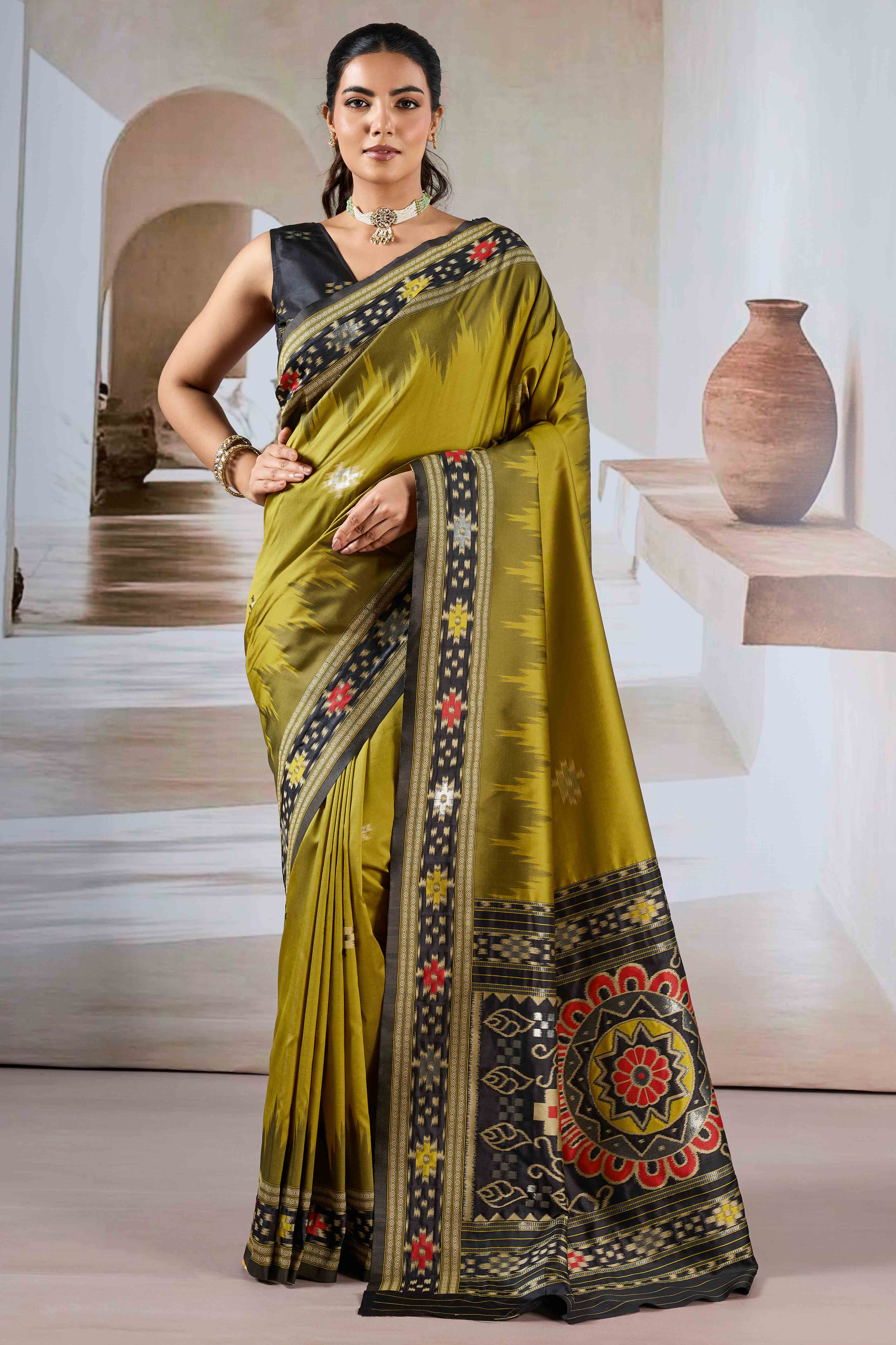 Olive Art Silk Saree Adorned with Intricate Patola Style Woven Designs - Image 3